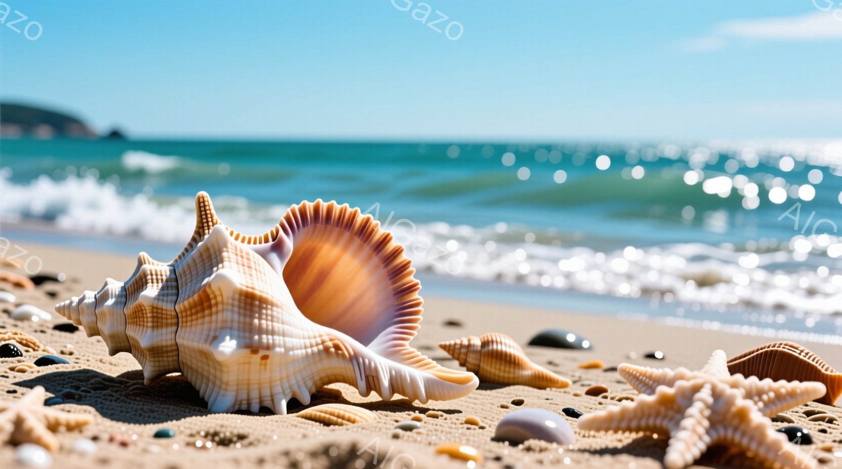 海浜で、多数のシーシェルが散らばっており、海水が波打つように波が来ている。日中で、天気は晴れである。