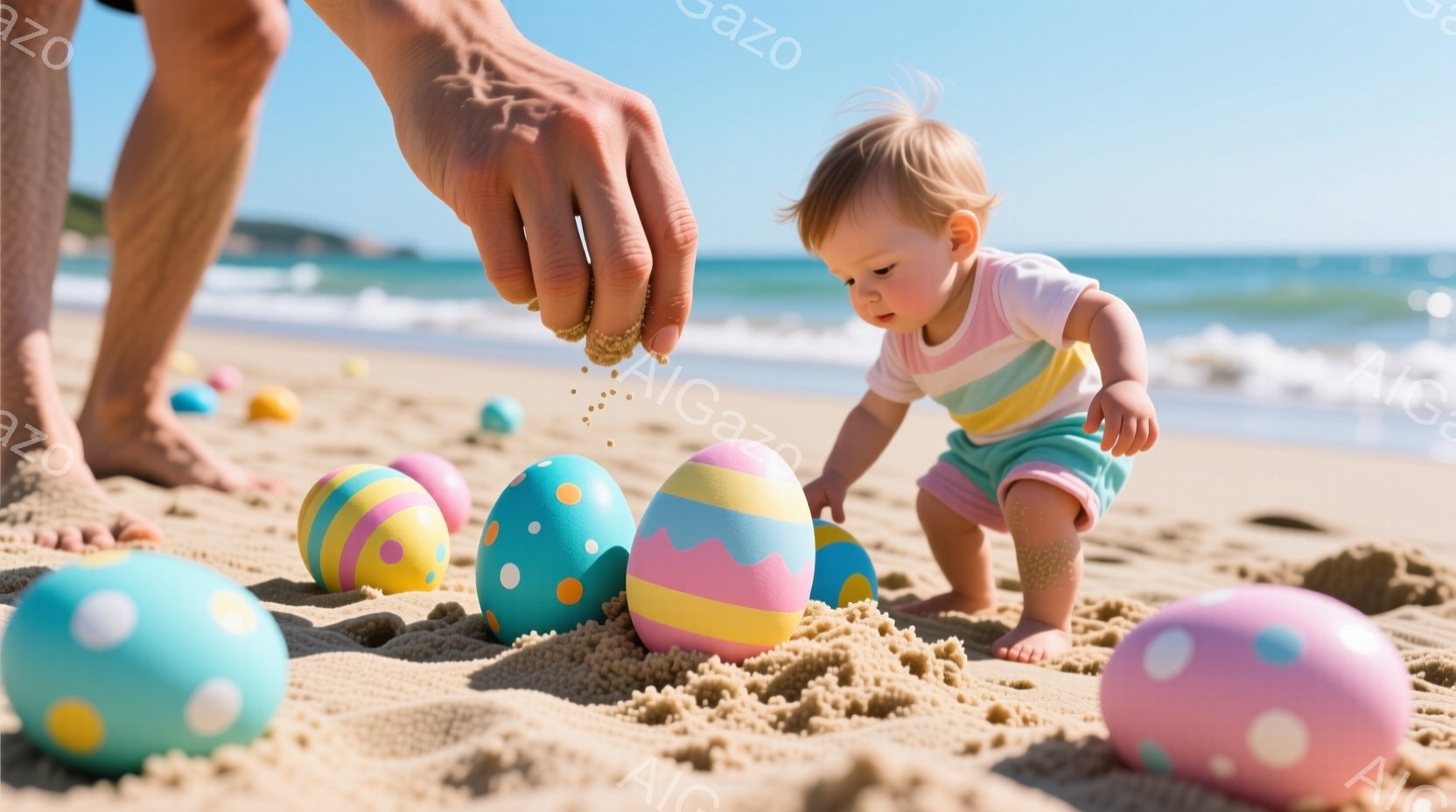 赤ちゃんが砂浜でカラフルなイースターエッグに囲まれて遊んでいます。ピンクと水色のストライプの服を着ており、金髪で明るい表情をしています。背景には青い海と空が広がり、晴れた日の穏やかな雰囲気が漂っていま - AI生成フリー素材