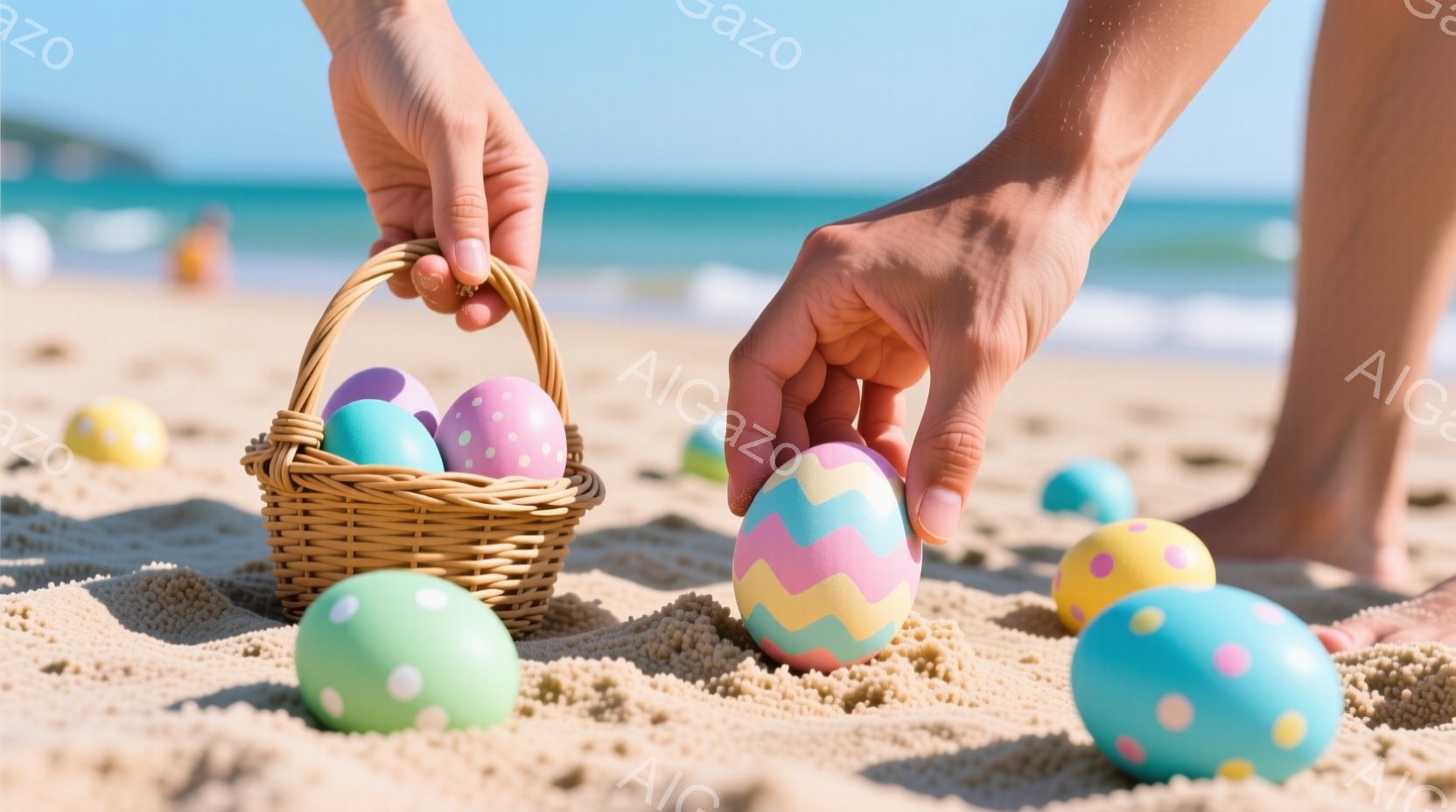 砂浜に色とりどりのイースターエッグが散らばっており、その一部が籐編みのバスケットに入っている様子が写っている。手のひらがバスケットの縁に触れ、エッグを拾い上げようとしているか、またはバスケットにエッグ - AI生成フリー素材