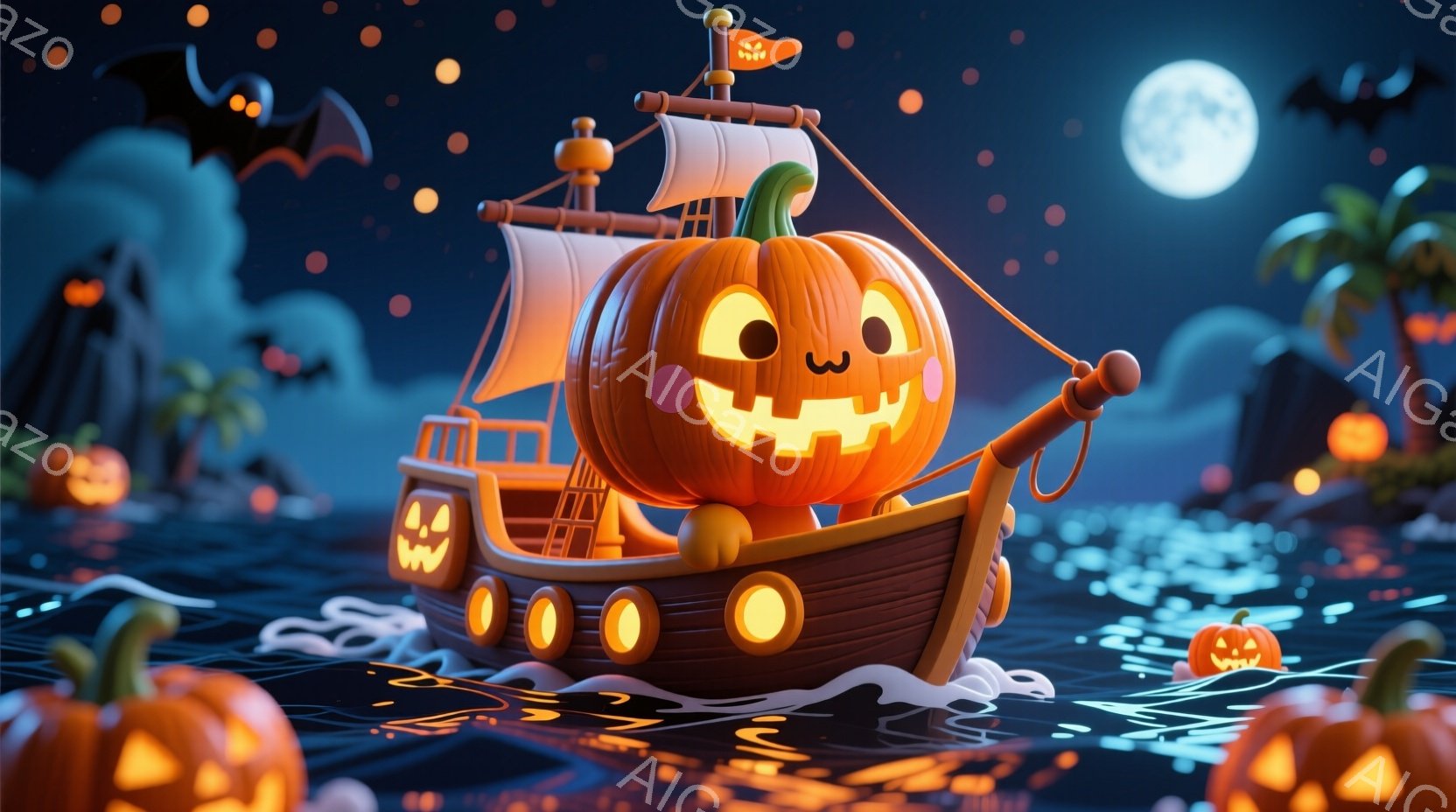 夜の海に、カボチャで作られた船が浮かんでいます。船の船首には笑顔のカボチャが配置され、周囲には小さなカボチャのランタンが浮かび、不気味ながらも楽しい雰囲気を醸し出しています。背景にはシルエットのヤシの - AI生成フリー素材