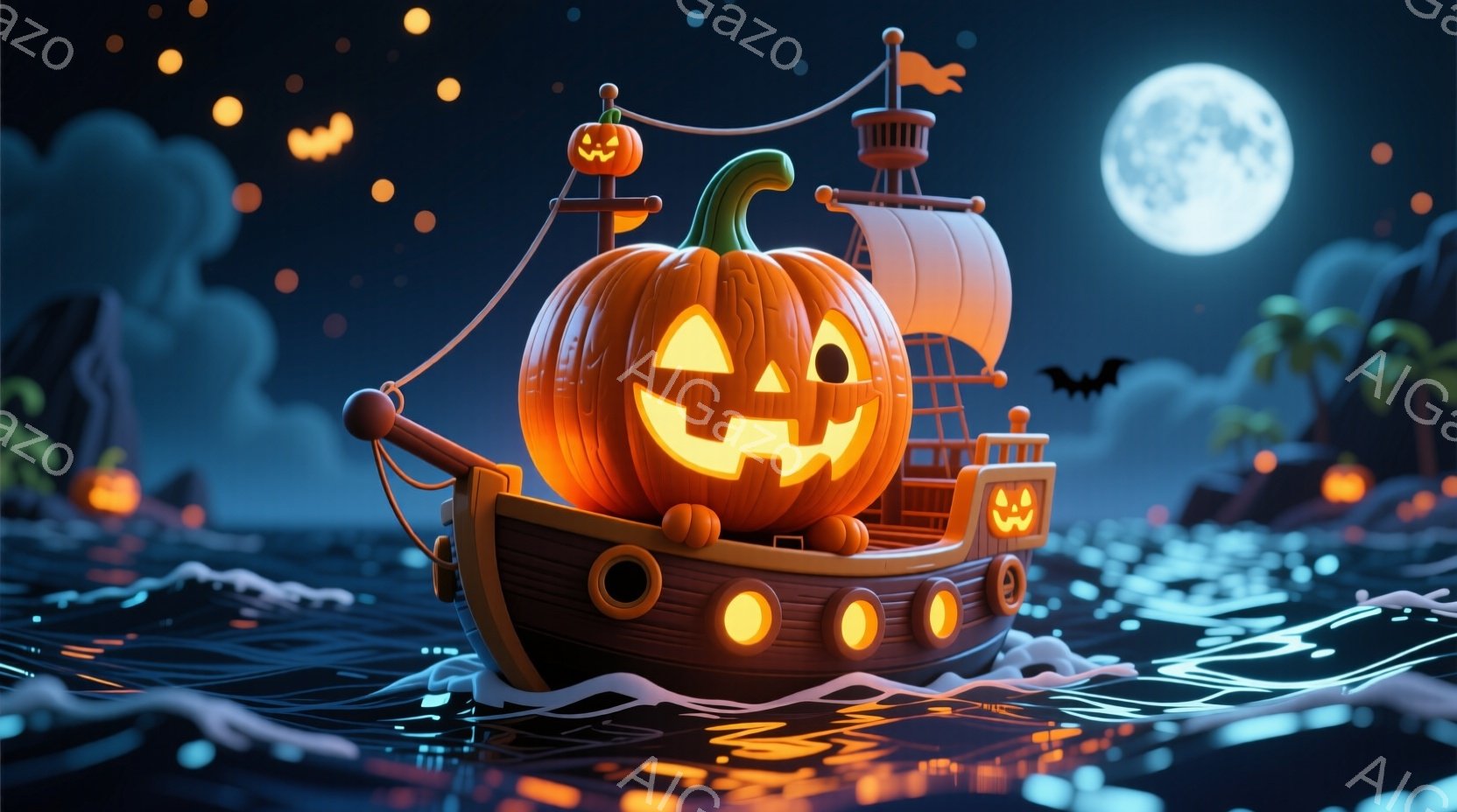 夜の海に、カボチャで作られた船が浮かんでいます。船体は木製で、カボチャがメインの構造になっており、ハロウィーンを象徴するような顔が彫られています。背景には、シルエットの島々や、空に浮かぶ満月とコウモリ - AI生成フリー素材