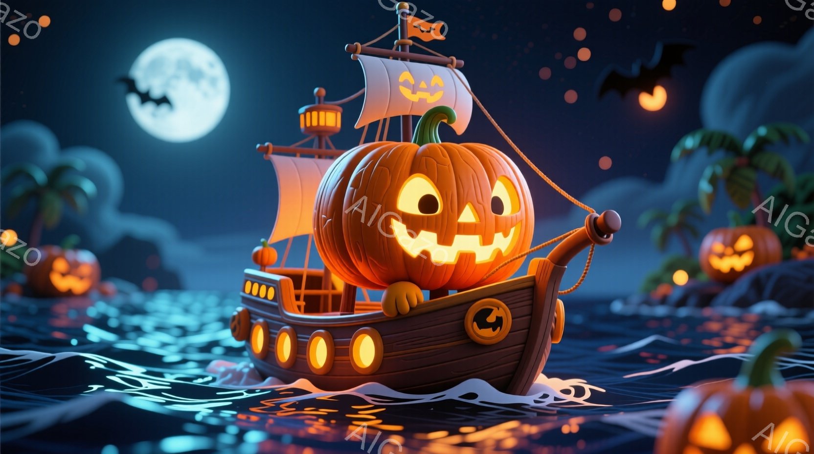 夜の海に浮かぶ、かぼちゃで作られた船が印象的な画像です。月明かりの下、船は不気味な光を放ち、周囲にはかぼちゃのランタンが配置され、ハロウィーンの雰囲気を盛り上げています。背景にはシルエットの建物やヤシ - AI生成フリー素材