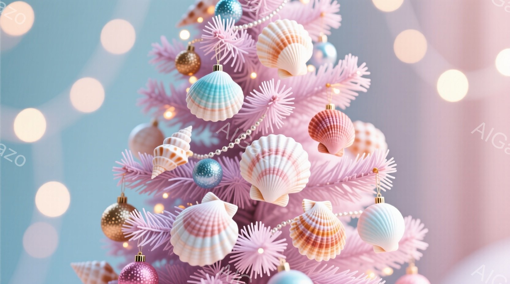 淡いピンク色のクリスマスツリーが、貝殻で作られたオーナメントで飾られています。背景はぼやけた水色とピンクで、光の粒子が散りばめられており、幻想的な雰囲気を醸し出しています。全体的に柔らかく、優しい印象を与える画像です。