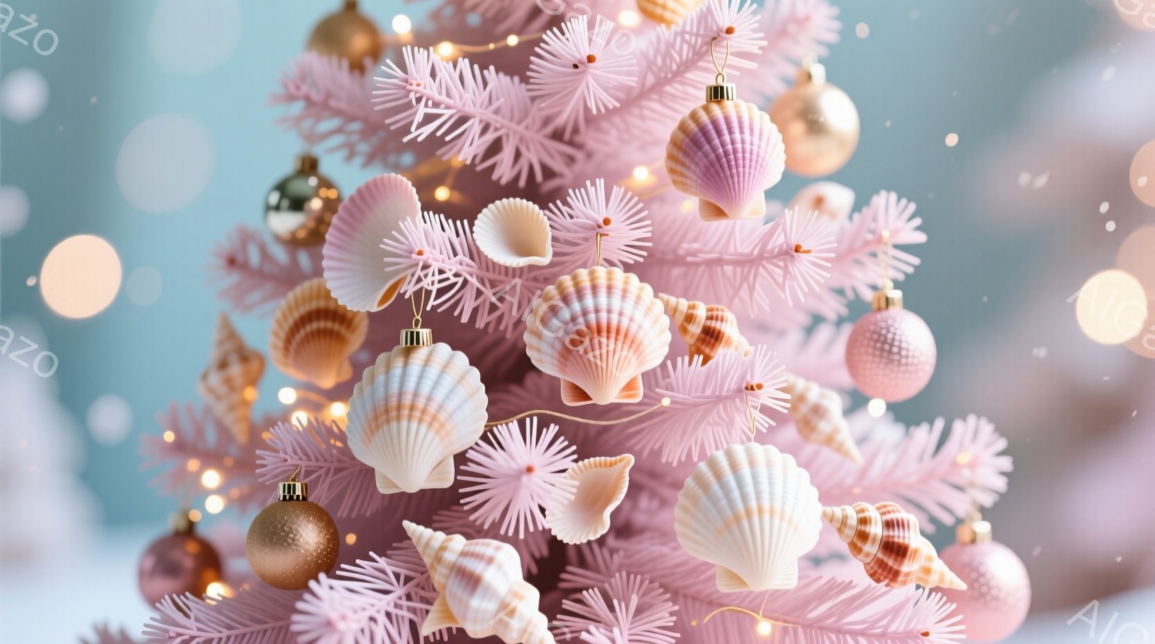 淡いピンク色のクリスマスツリーが、貝殻のオーナメントで飾られています。金色の小さな球形のオーナメントも散りばめられ、暖かく幻想的な雰囲気を醸し出しています。背景はぼかされており、柔らかな光が輝き、全体的に穏やかで夢のような印象を与えます。