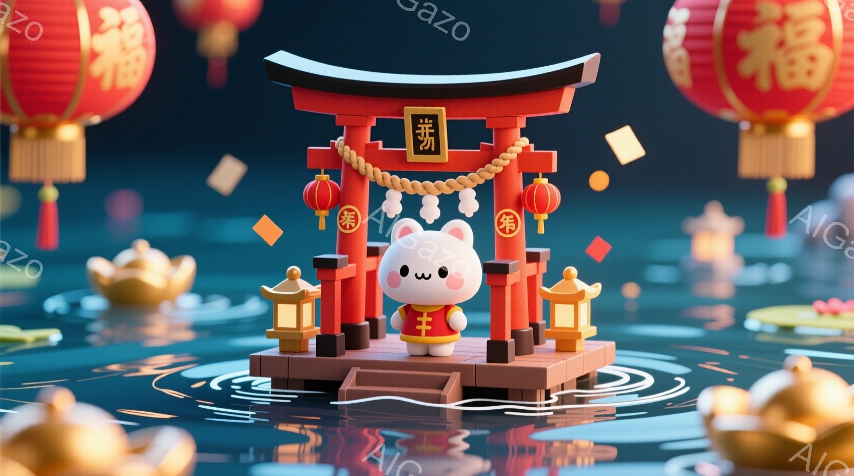 小さな赤い鳥居が水の上に浮かんでおり、その上に白いウサギのキャラクターが立っています。ウサギはシンプルで可愛らしいデザインで、丸い目と小さな口で無表情です。背景には、水面に反射した赤い提灯や蓮の花が浮 - AI生成フリー素材