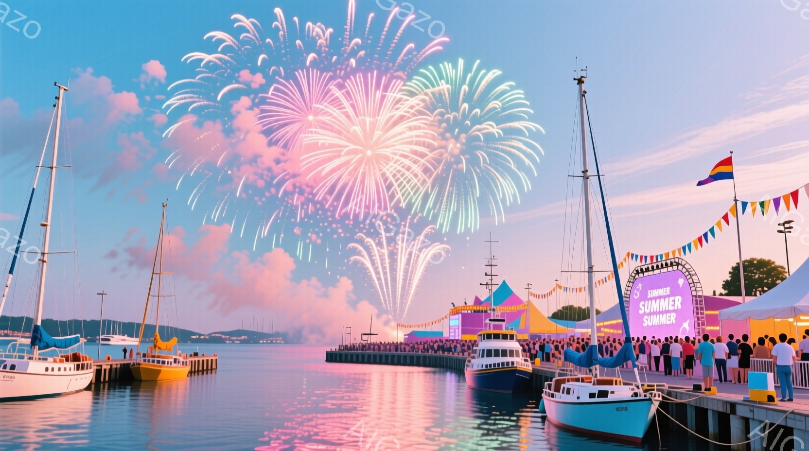 桟橋には多くの人々が集まり、華やかな花火を楽しんでいます。人々はカジュアルな夏の服装で、楽しそうな表情を浮かべています。背景には穏やかな海と街並みが広がり、夕焼け空と花火が織りなす幻想的な雰囲気が漂っ - AI生成フリー素材