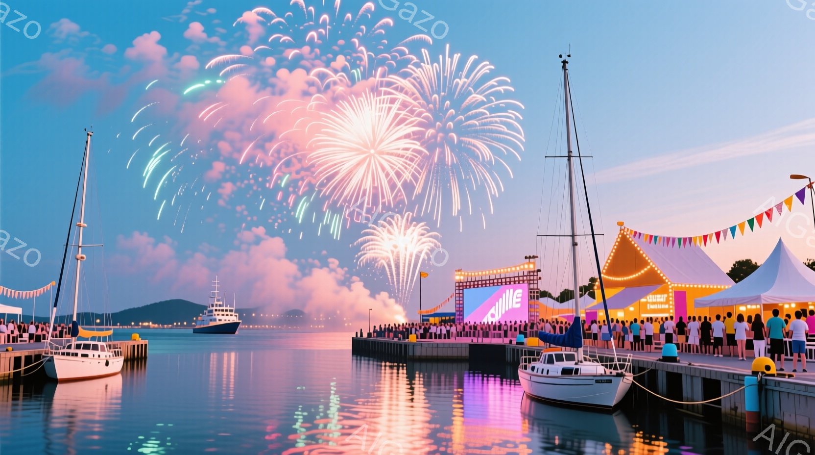 夜の港には、色とりどりの花火が咲き乱れ、水面に鮮やかな光が反射している。桟橋には多くの人々が立ち並び、花火を見上げているようで、そのシルエットが楽しげな雰囲気を醸し出している。背景には、テントや建物が見え、夜空は薄紫とオレンジ色のグラデーションで、穏やかで華やかな夜の光景が広がっている。