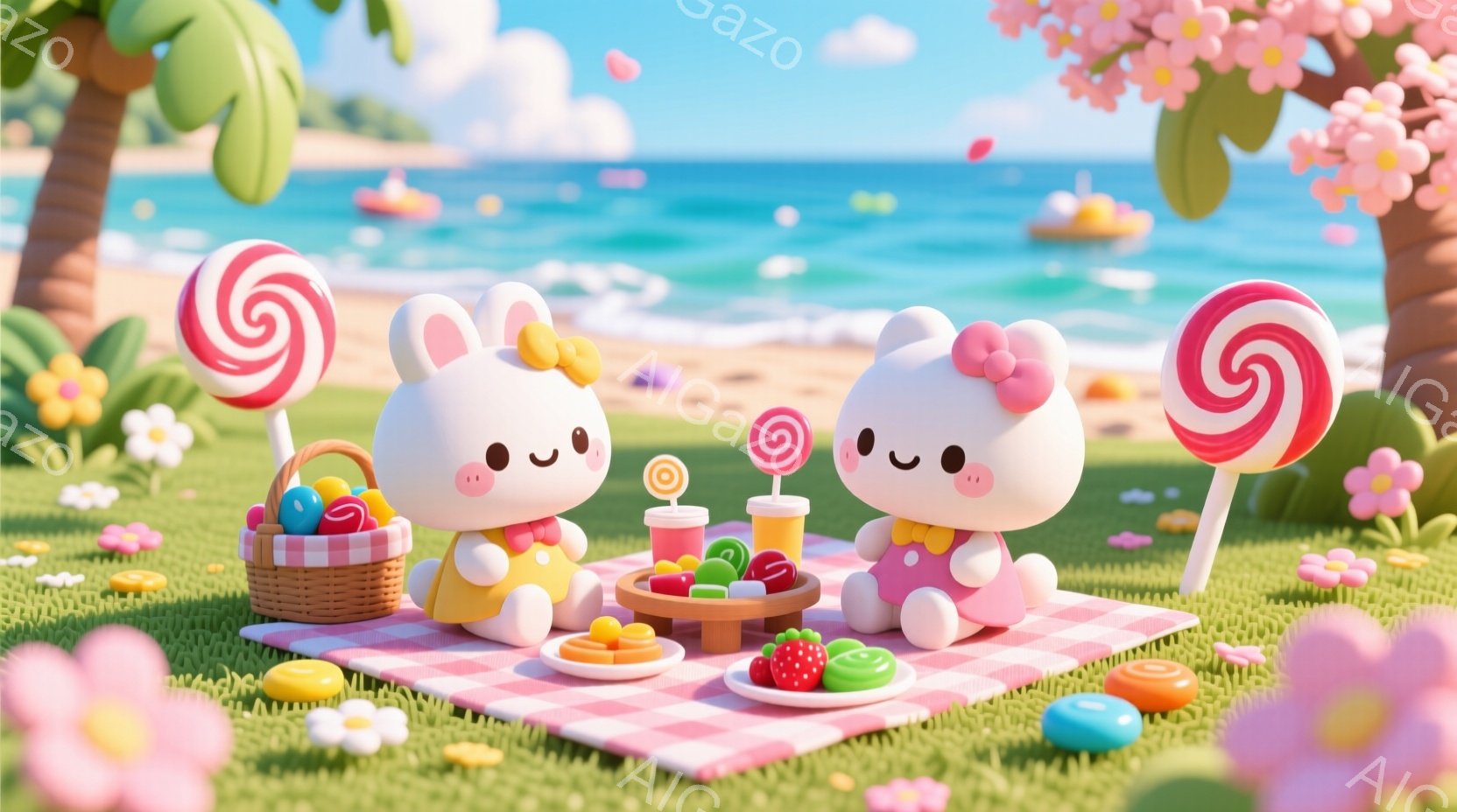 ふわふわの白いウサギが二人、ピンクと白のチェックの敷物の上でピクニックを楽しんでいます。ウサギたちはピンクのリボンで髪を結び、それぞれ黄色とピンクの可愛らしい服を着ています。背景には青い海、ヤシの木、 - AI生成フリー素材