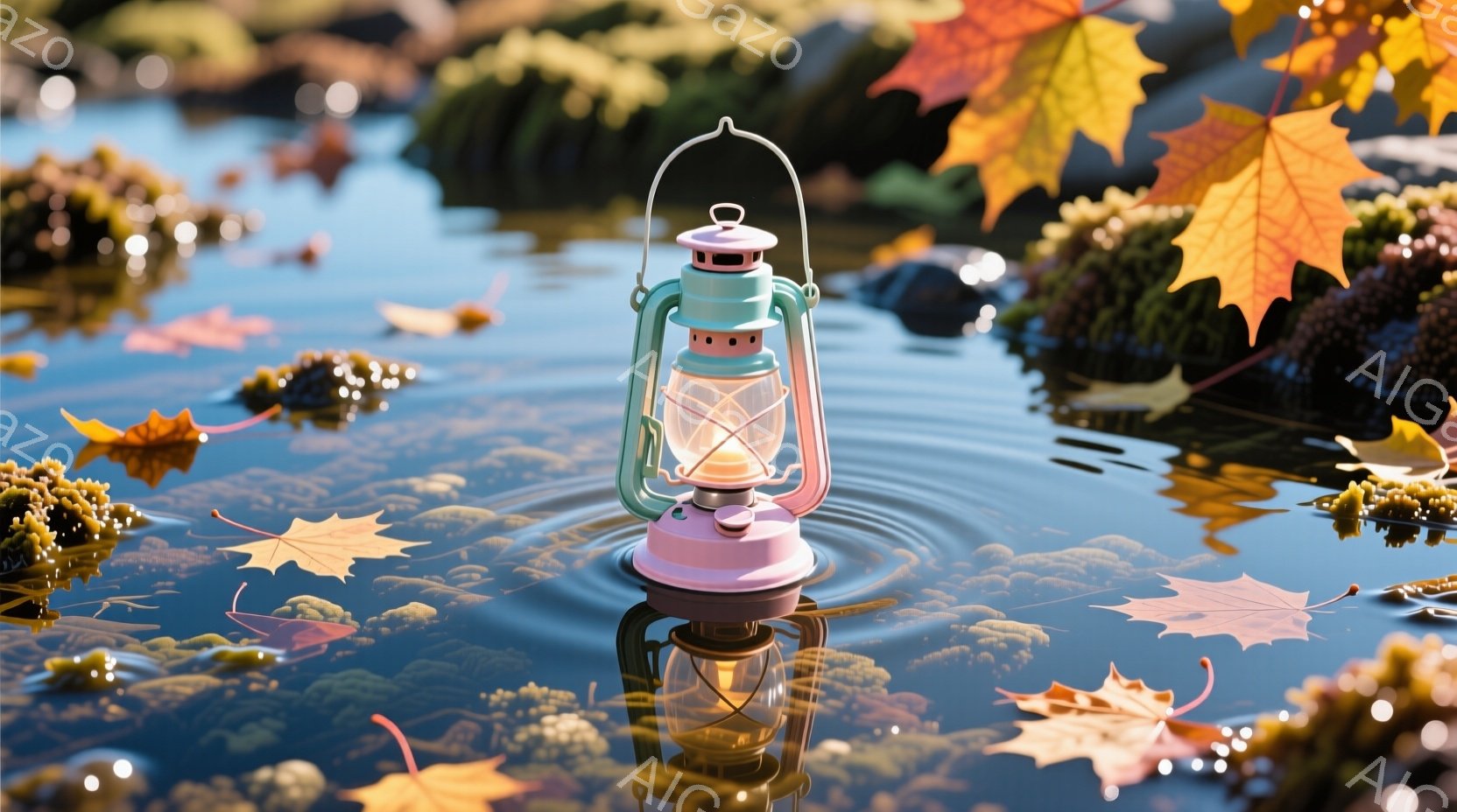 水面に浮かぶレトロなピンク色のランタンが印象的な画像です。周囲には、鮮やかなオレンジや赤色の落ち葉が点在し、水面にはその美しい反射が見られます。背景には緑豊かな植物が広がり、穏やかで秋らしい雰囲気を醸 - AI生成フリー素材