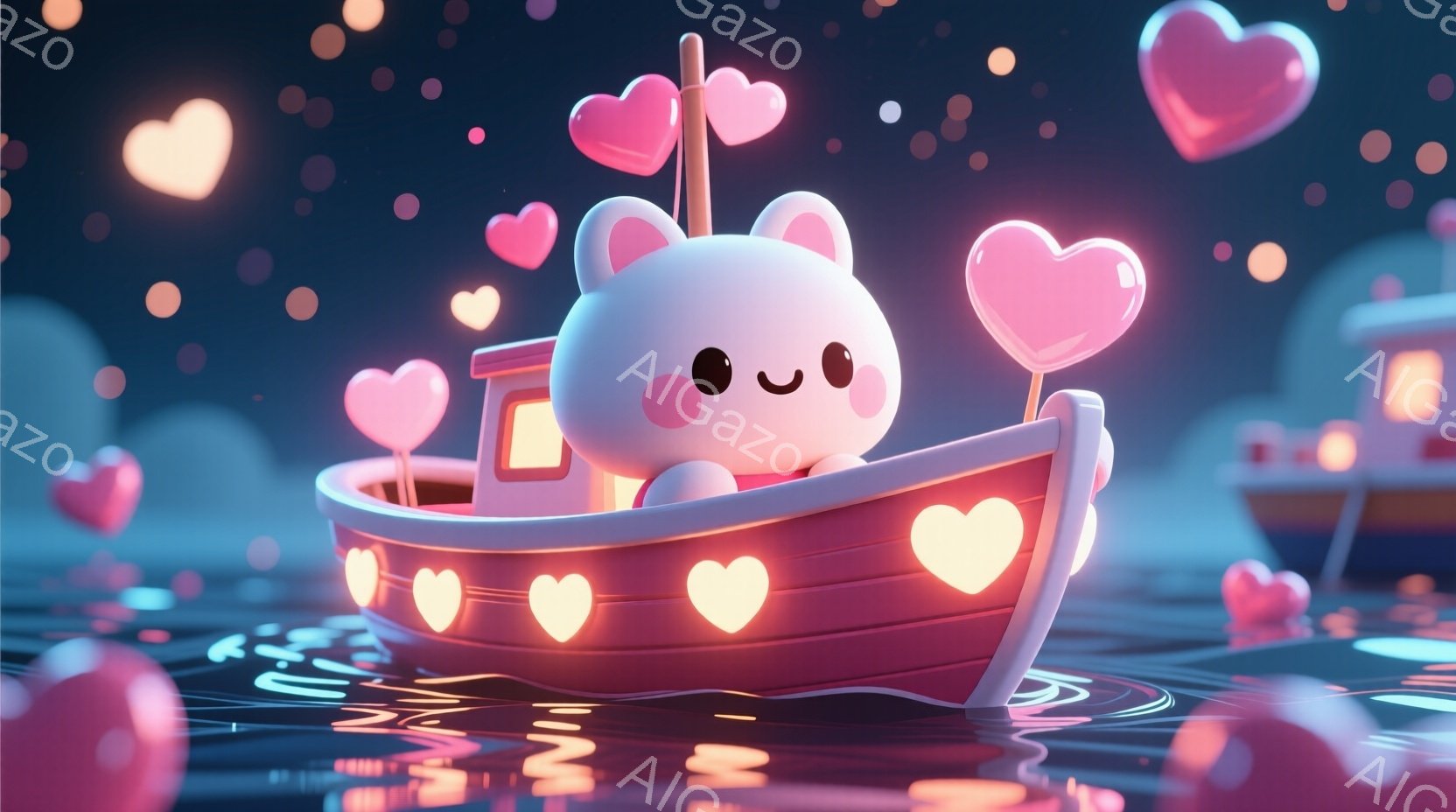 ふわふわした白い子犬が、ピンク色の小さなボートに乗っています。ボートには明るいピンク色のハート型のライトが飾られており、水面には光の反射が見られます。背景にはシルエット状の建物と、浮遊するピンク色のハ - AI生成フリー素材