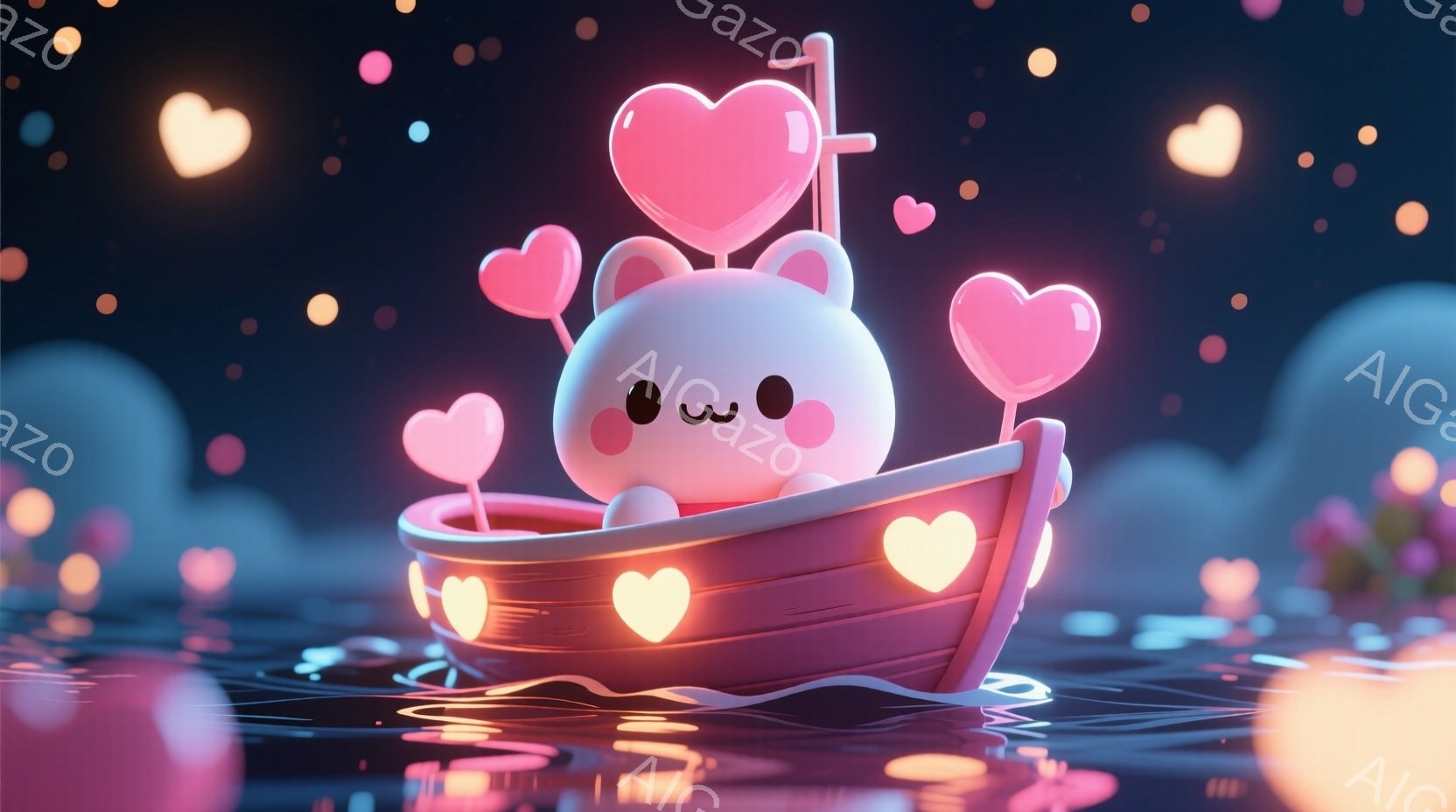 ピンク色の可愛らしい船に乗った、丸くて白い生き物が描かれています。その生き物はつぶらな瞳で微笑んでおり、周囲にはハート型の光が浮かんでいます。背景は暗く、水面にはハート型の光が反射しており、ロマンチッ - AI生成フリー素材