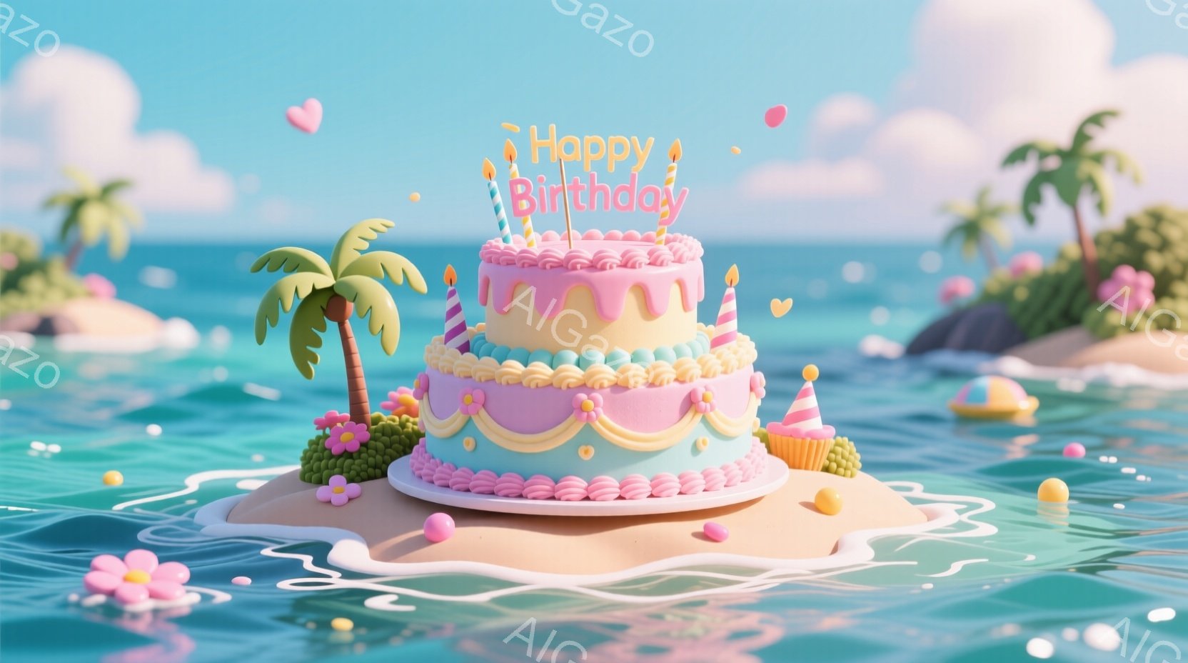 明るい青い海に浮かぶ小さな島の上に、ピンクと黄色のクリームで飾られたバースデーケーキが置かれています。ケーキにはキャンドルが灯り、周囲にはカラフルな風船や花が散りばめられ、陽気な雰囲気を醸し出していま - AI生成フリー素材