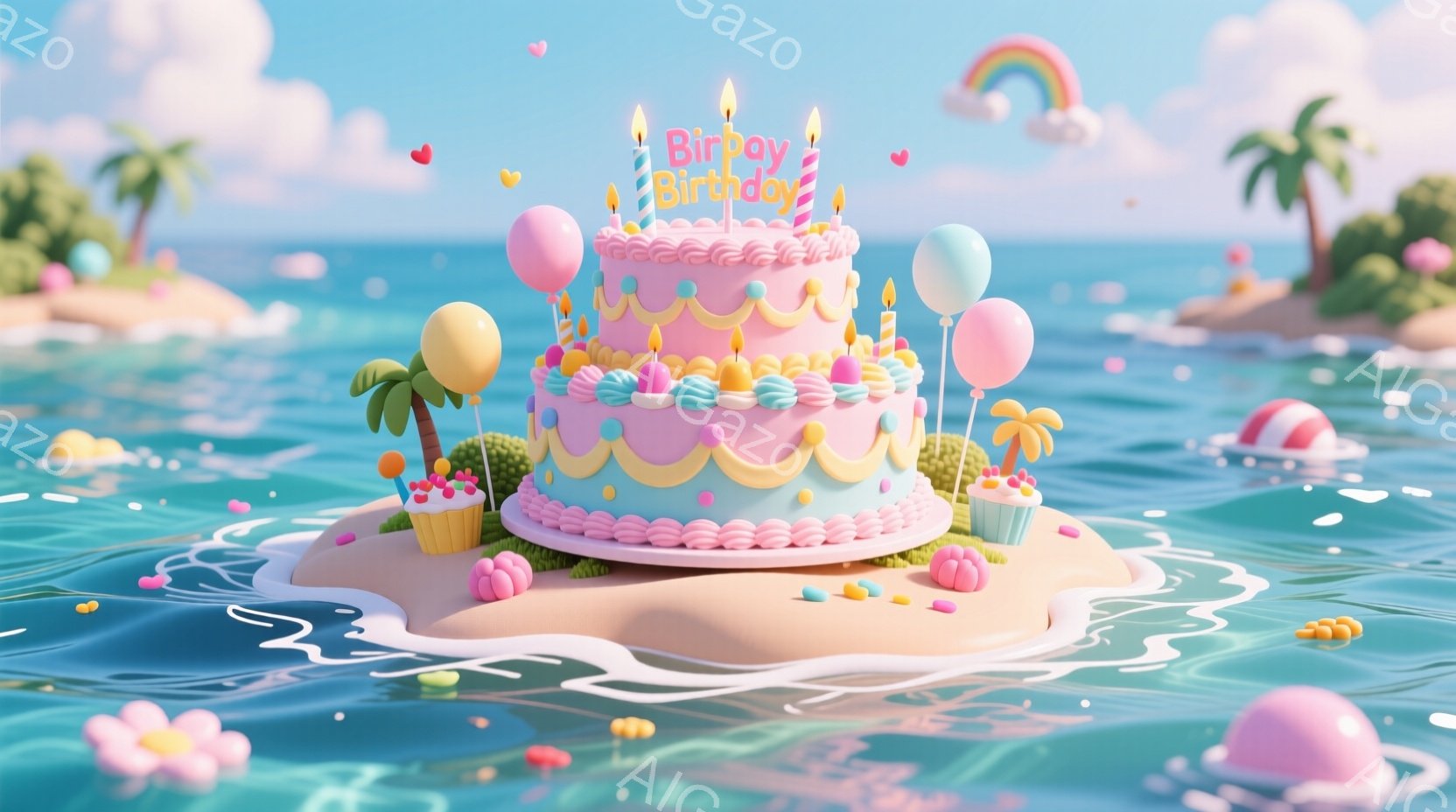 明るい青い海に浮かぶ、クリームとフルーツで飾られた大きなバースデーケーキが印象的です。ケーキの周りには風船や花が散りばめられ、遠くには虹とヤシの木のある小さな島が見えます。全体的にパステルカラーで彩られ、夢のような、お祝いの雰囲気が漂っています。