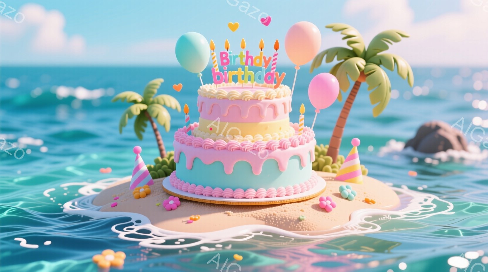 ターコイズブルーの海に浮かぶ小さな島の上に、カラフルなバースデーケーキが置かれています。ケーキはパステルカラーのピンクと水色で飾られ、可愛らしいクリームとカラフルなキャンドル、風船が添えられています。 - AI生成フリー素材