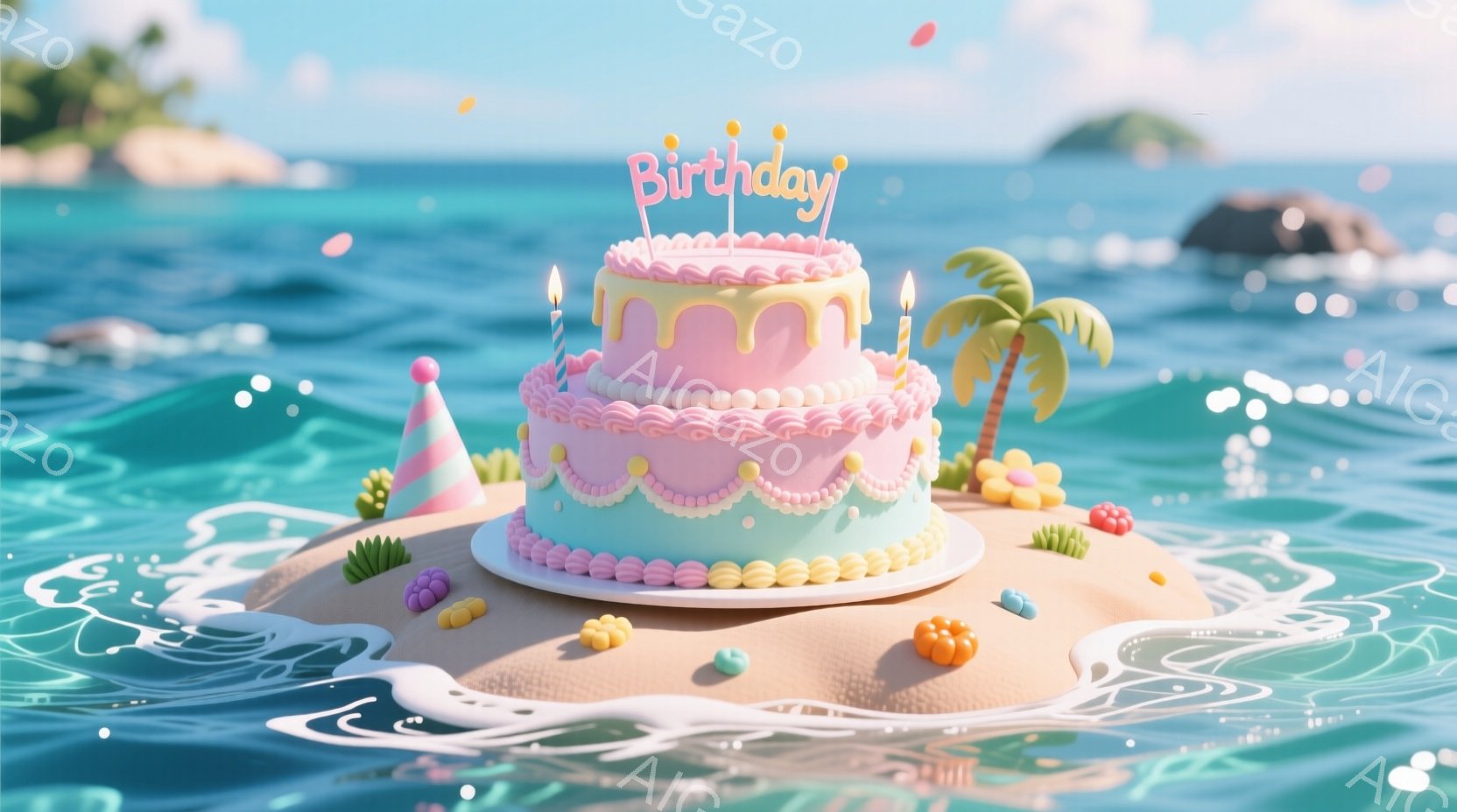 ターコイズブルーの海に浮かぶ小さな島に、ピンクと水色のクリームで飾られたバースデーケーキが置かれています。ケーキにはカラフルなスプリンクルやキャンディーが散りばめられ、ろうそくが灯っています。背景には - AI生成フリー素材