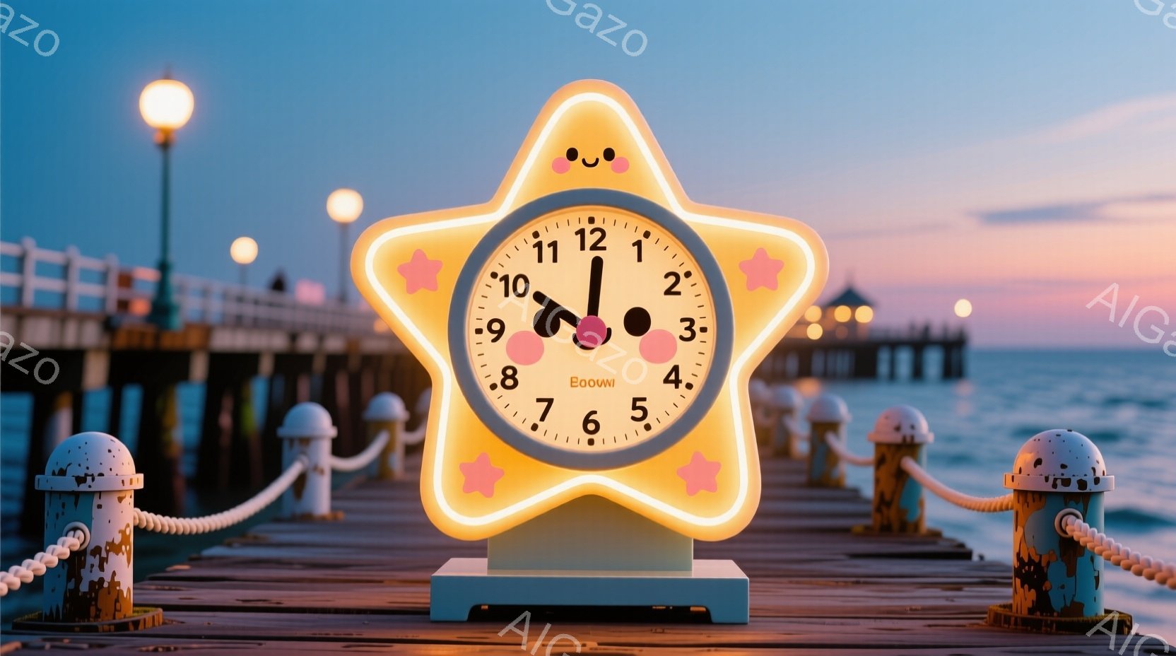桟橋の上に置かれた星型の時計が写っています。時計はクリーム色で、ピンク色の星の飾りがあり、時刻はほぼ2時半を示しています。背景には穏やかな海と、夕焼け空が広がり、桟橋にはロープと柱が並び、全体的に暖かく、のどかな雰囲気を醸し出しています。