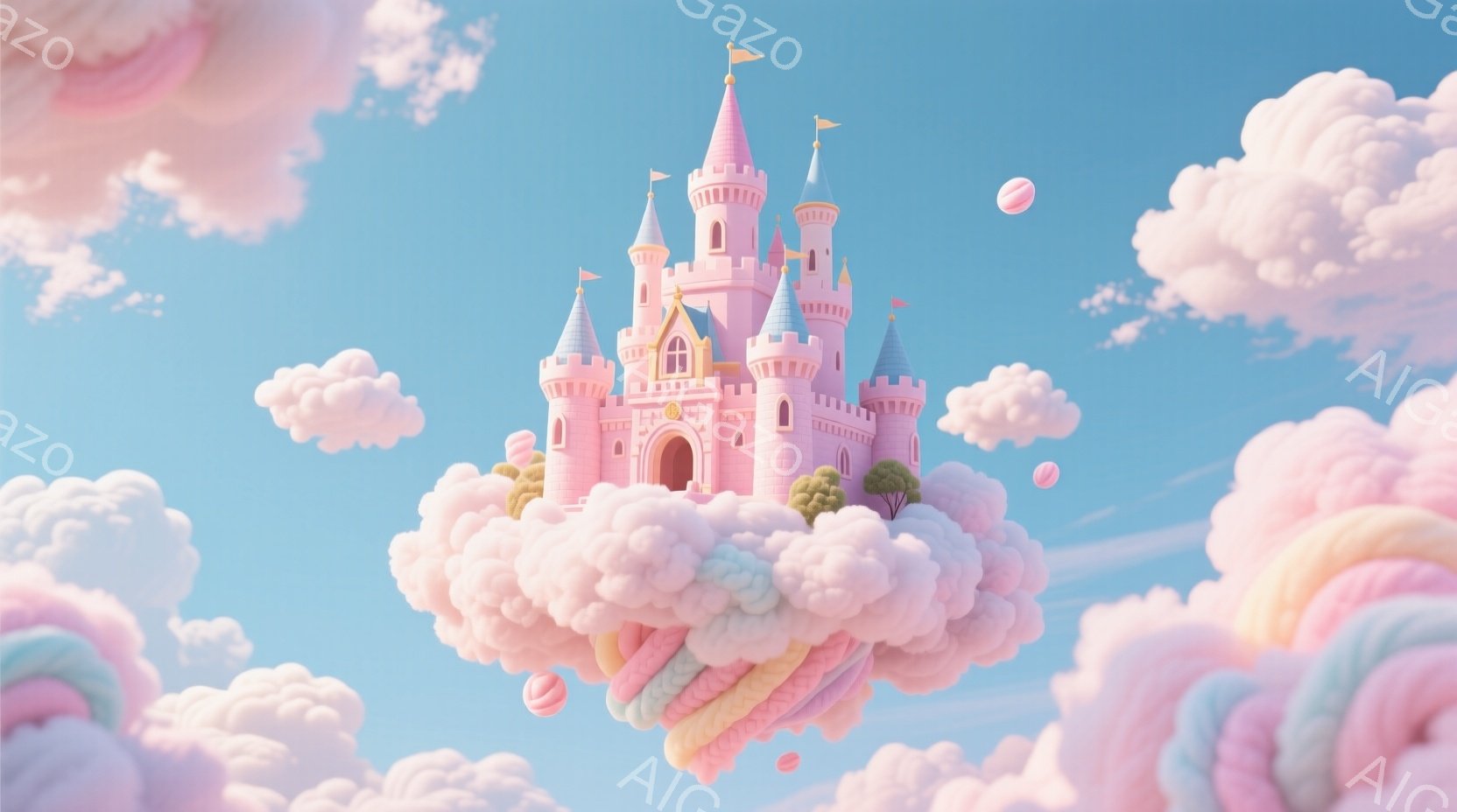 鮮やかな青空に浮かぶ、ピンク色の可愛らしいお城が印象的な画像です。お城の周りには、マカロンやクッキーのようなお菓子で作られた雲が浮かび、ファンタジーの世界を表現しています。全体的にパステルカラーで統一 - AI生成フリー素材