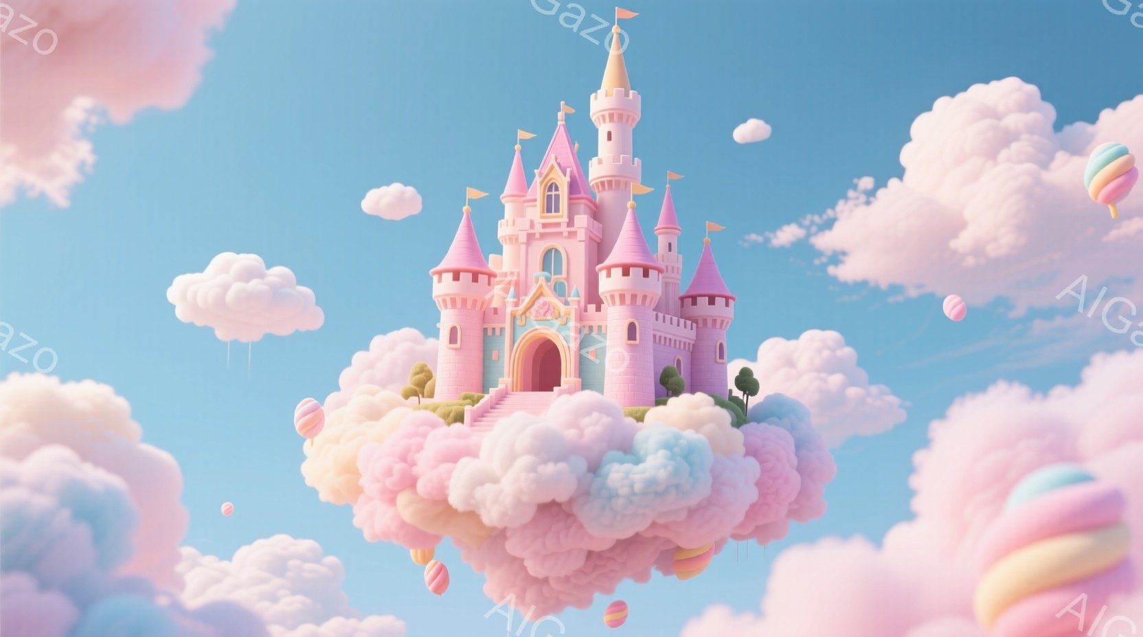 雲の上に浮かぶ、淡いピンク色の可愛らしいお城が印象的です。お城の周りには、綿菓子のようなふわふわの雲と、カラフルな風船が浮かんでおり、夢のような世界観を表現しています。空は明るい水色で、全体的に優しく、幻想的な雰囲気が漂っています。