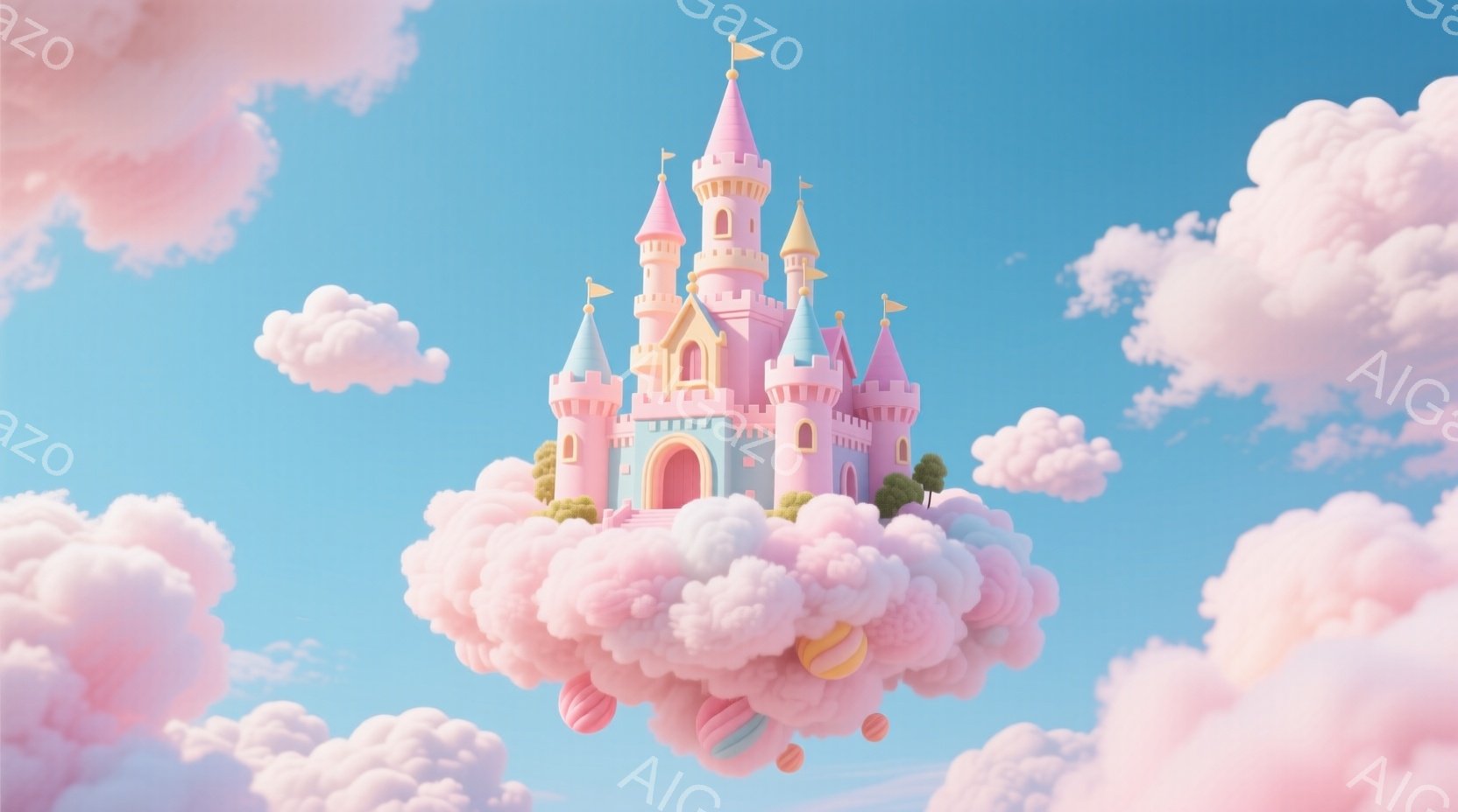 鮮やかな水色とピンクの城が、ふわふわとしたピンク色の雲の上に浮かんでいる。城の周りには、さらに多くの綿菓子のような雲が広がり、まるで夢のような世界を表現している。全体的にパステルカラーで統一され、明るく可愛らしい雰囲気が漂っている。