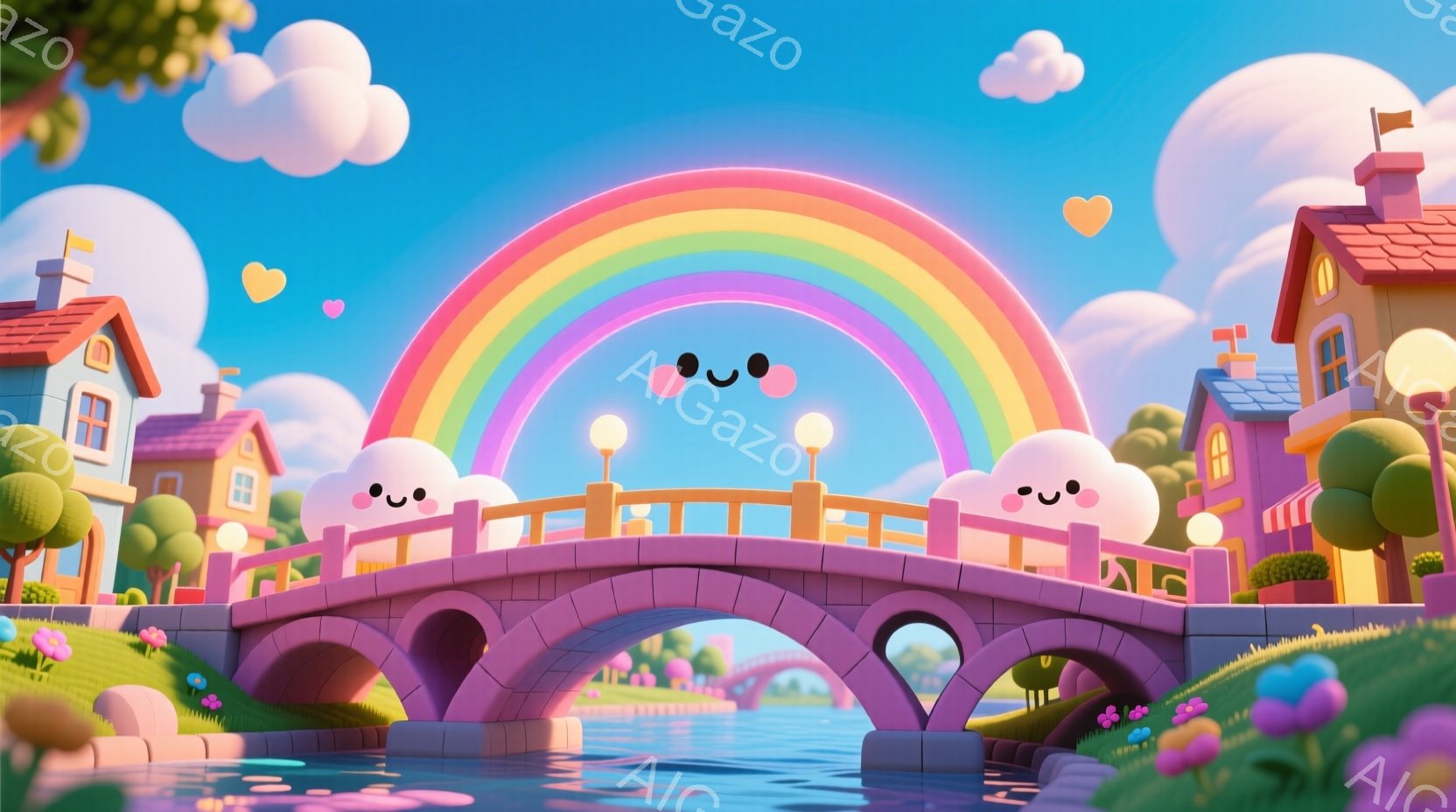 カラフルで可愛らしい世界が描かれています。ピンク色のアーチ橋には、笑顔の雲が並び、その上には虹がかかっています。背景には、パステルカラーの家々や緑豊かな自然が広がり、明るく、夢のような雰囲気を醸し出し - AI生成フリー素材