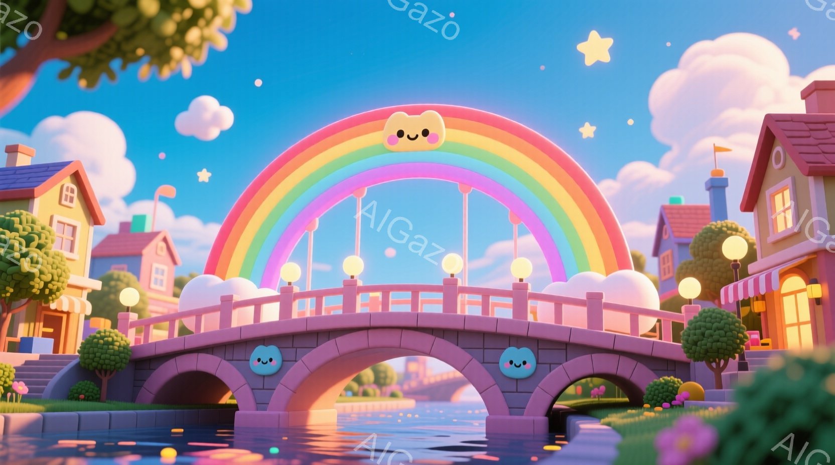 カラフルで可愛らしい橋が、穏やかな水路にかかっています。背景には、パステルカラーの家々が並び、虹と雲が空に浮かんでいます。全体的に、夢のような、平和で楽しい雰囲気が漂っています。 - AI生成フリー素材