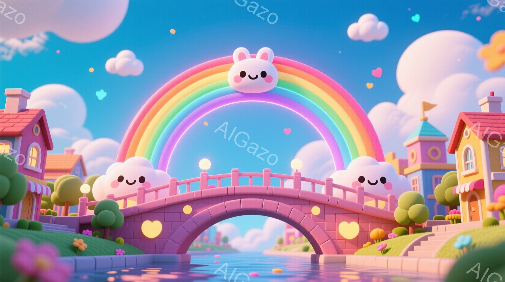 虹がアーチ状にかかり、ピンク色の橋が流れる川の上に架かっている、ファンタジーのような風景です。橋の上には可愛らしい雲のキャラクターが浮かび、周囲にはカラフルな建物と緑豊かな植物が生い茂り、全体的に明る - AI生成フリー素材