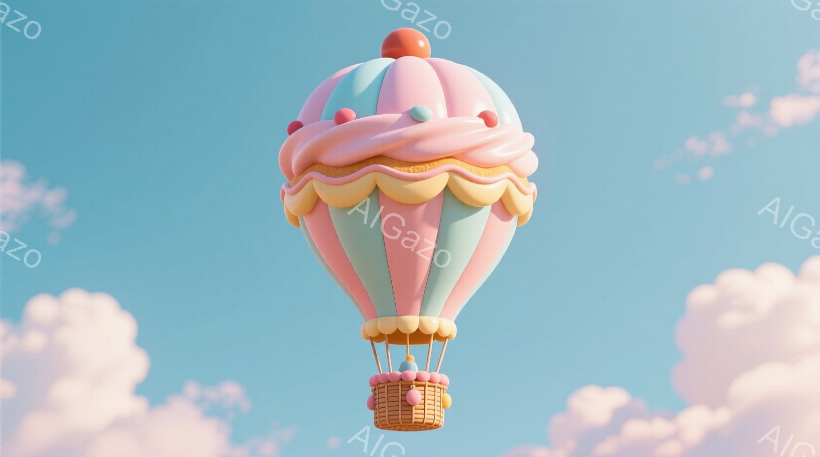 空には、ピンクと水色のストライプが特徴的な、まるで巨大なカップケーキのような熱気球が浮かんでいる。その下には、バスケットが吊り下げられており、優しいパステルカラーの雲が背景に広がり、夢のような雰囲気を - AI生成フリー素材