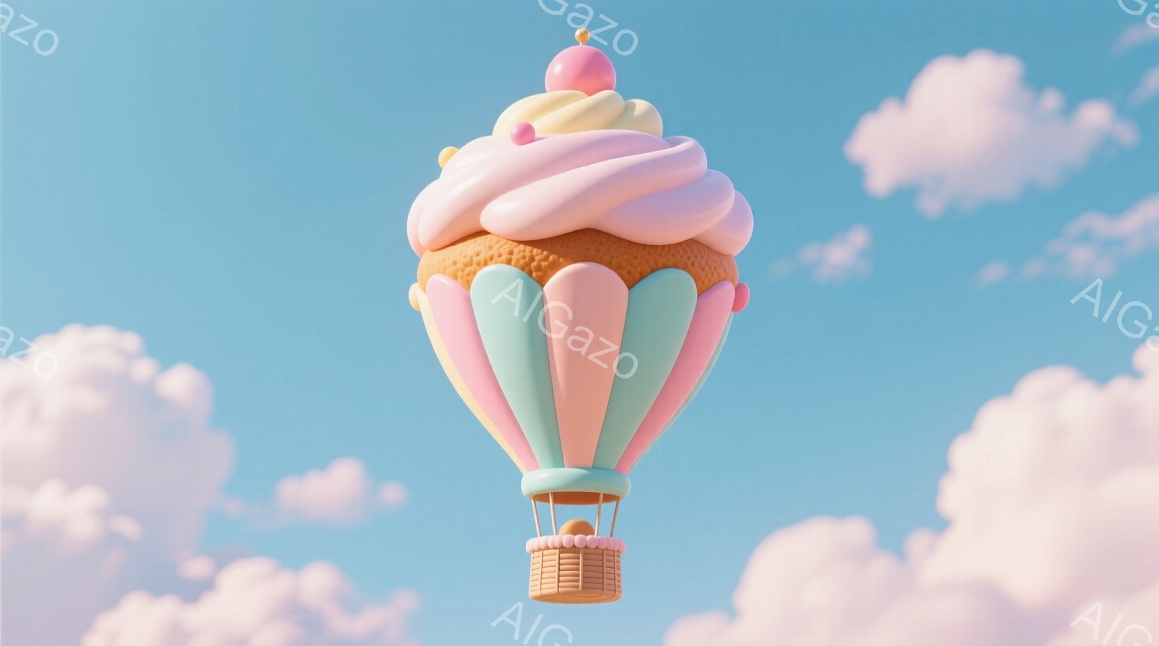 空には、巨大なカップケーキを模したホットエアバルーンが浮かんでいます。バルーン本体は、パステルカラーのストライプで装飾され、上部にはふわふわのクリームと、小さな赤いチェリーが飾られています。背景は穏や - AI生成フリー素材