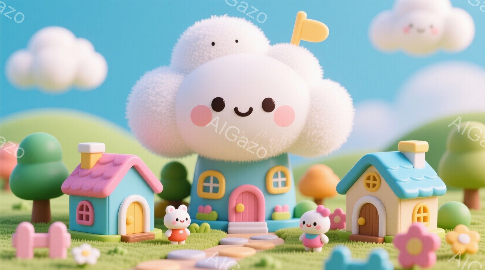 明るい青空の下、パステルカラーの可愛らしい家々が並び、その中心には大きな綿毛のような雲が浮かんでいます。雲には愛らしい表情が描かれ、小さな動物のようなキャラクターが家の前に立って微笑んでいます。全体的 - AI生成フリー素材