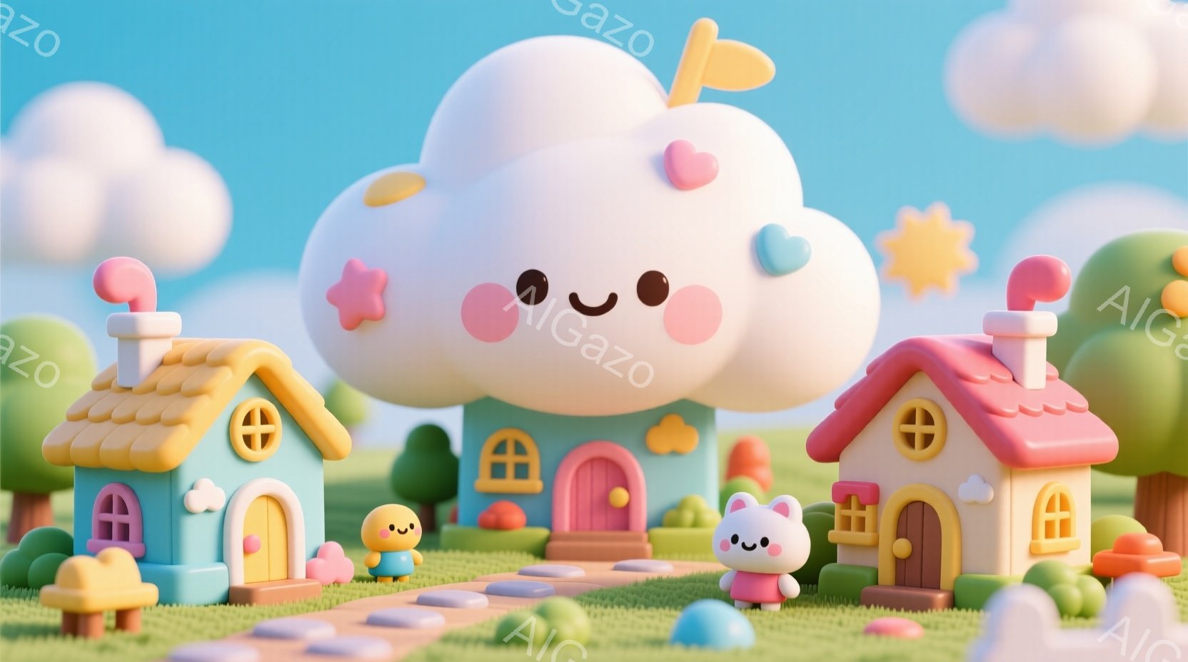 明るい緑の芝生の上に、可愛らしい家々が並んでいます。大きな雲の形をした建物が中央にあり、家々にはそれぞれ異なるカラフルな屋根と窓が特徴です。全体的にパステルカラーで統一されており、暖かく、遊び心のある - AI生成フリー素材