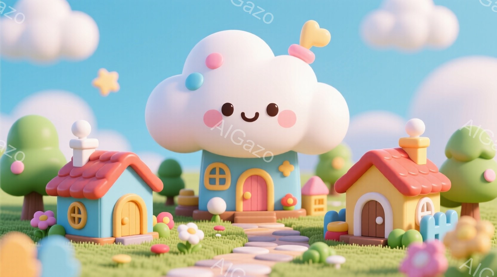 パステルカラーの可愛らしい風景を描いています。小さな家々が並び、雲の形をした建物が目立っています。背景には、青い空とふわふわとした雲が広がり、全体的に温かく、夢のような雰囲気を醸し出しています。 - AI生成フリー素材