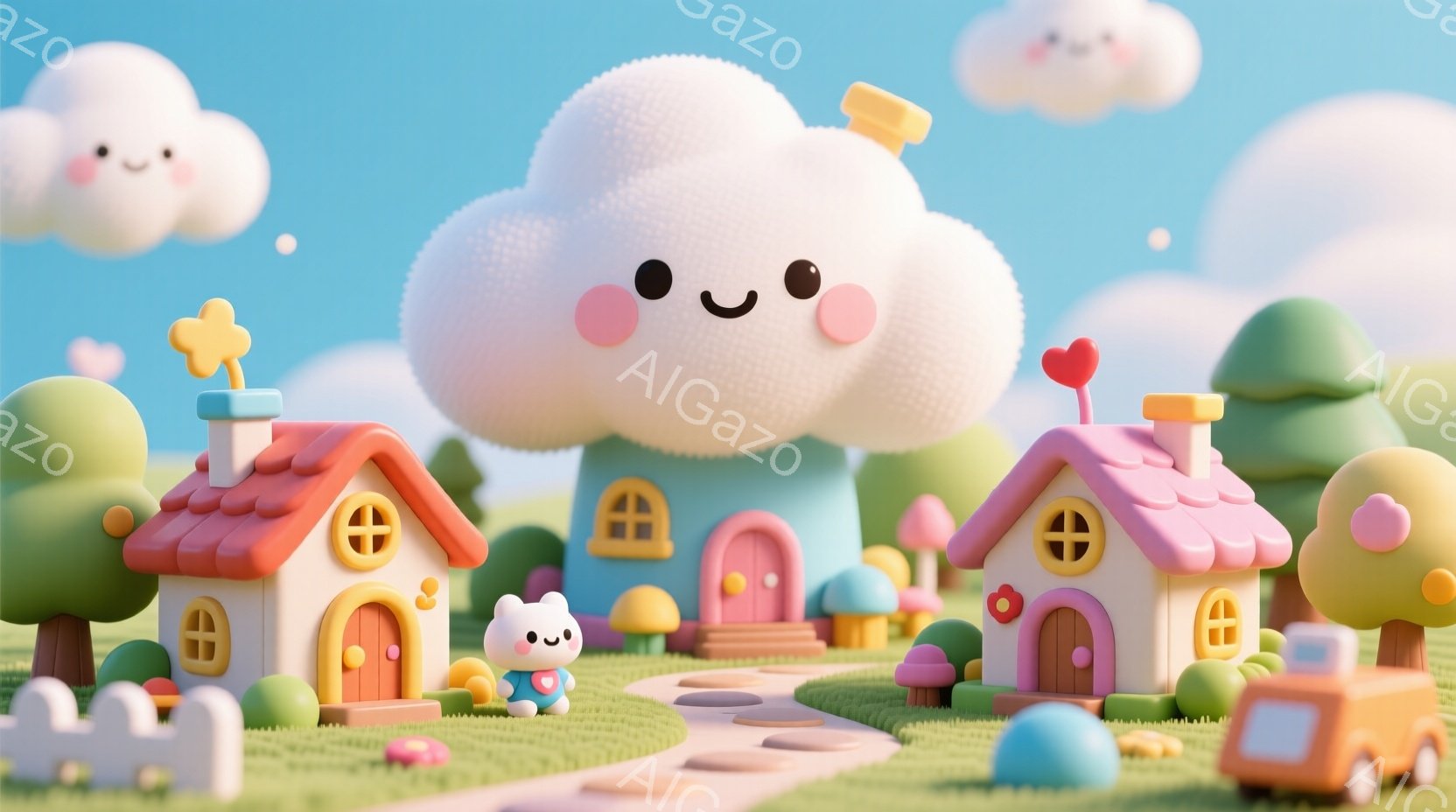 柔らかいパステルカラーで構成された可愛らしい風景です。白いウサギのキャラクターはピンク色のベストとハートのペンダントをつけており、笑顔でこちらを見ています。背景には、カラフルな家々や、丸みを帯びた緑の - AI生成フリー素材