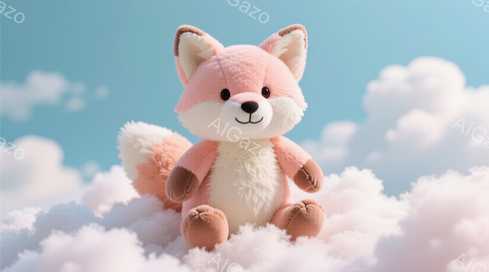 ふわふわとしたピンク色の狐のぬいぐるみが雲の上に座っています。白くて柔らかいお腹と耳の内側が特徴的で、丸い黒い瞳が愛らしい表情をしています。背景は明るい青空と白い雲で、全体的に穏やかで夢幻的な雰囲気が - AI生成フリー素材