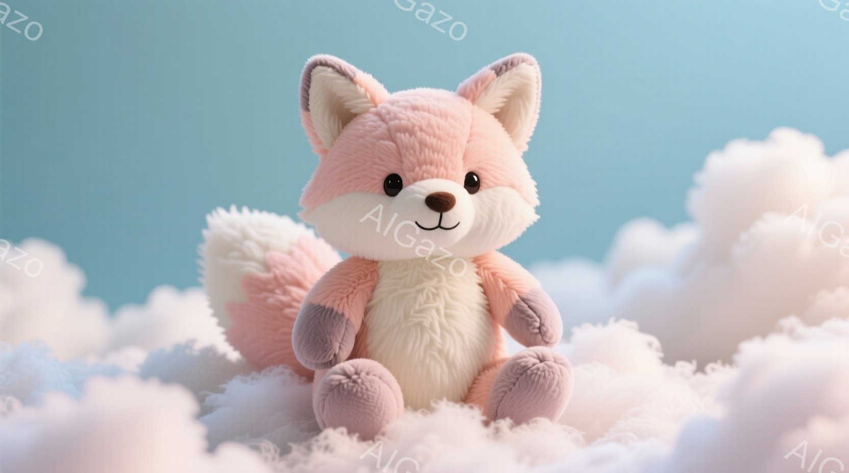 柔らかいピンクと白の毛並みを持つぬいぐるみのアラカルトが、ふわふわとした白い雲の上に座っています。その表情は穏やかで、わずかに微笑んでいるように見えます。背景は淡い青色で、全体的に夢見がちな、優しい雰囲気が漂っています。