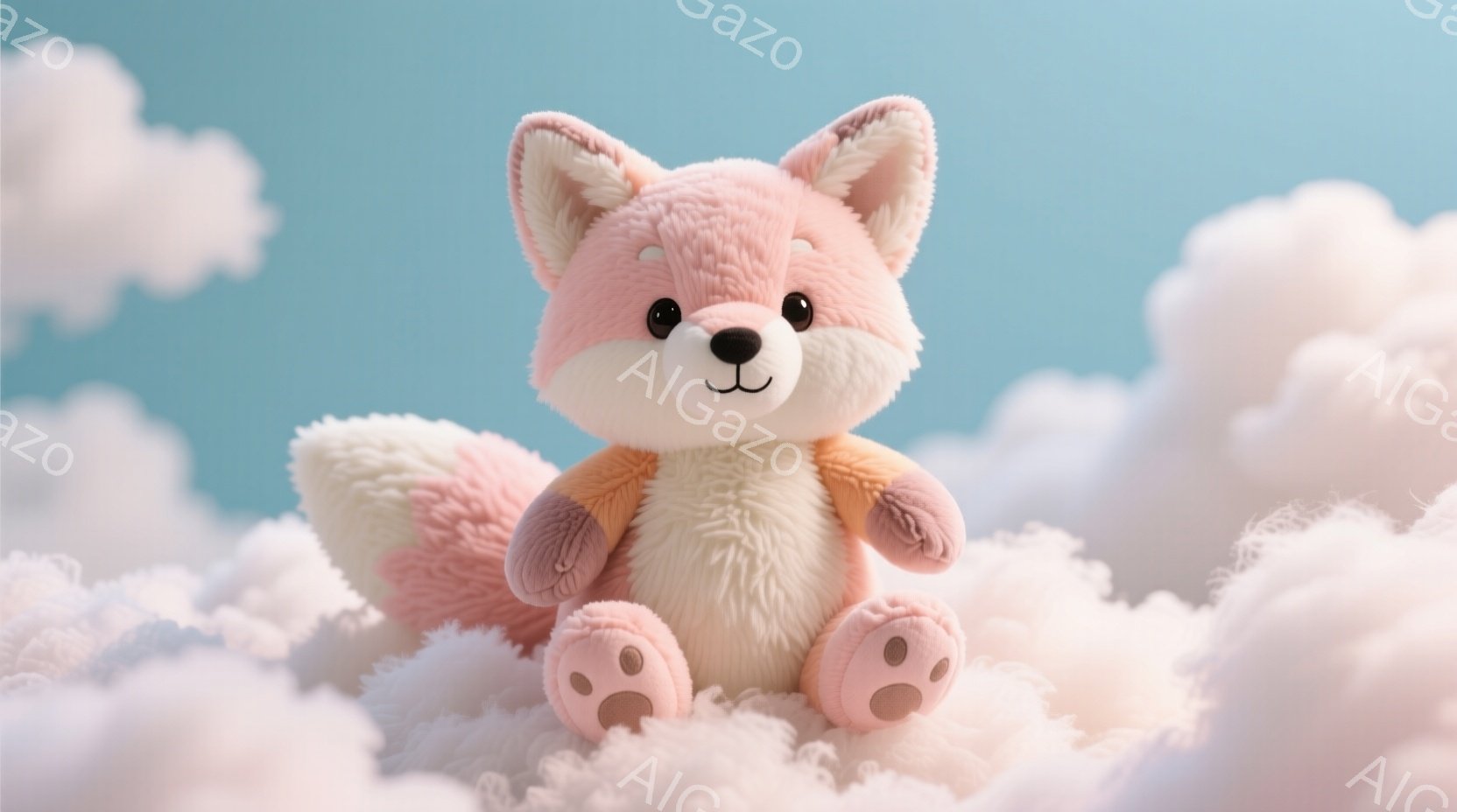 ふわふわとしたピンクとオレンジ色の毛並みを持つ子ギツネのぬいぐるみです。丸い頬と愛らしい表情で、雲の上に座ってこちらを見ているようです。背景は穏やかな水色の空と白い雲で、全体的に柔らかく優しい雰囲気です。