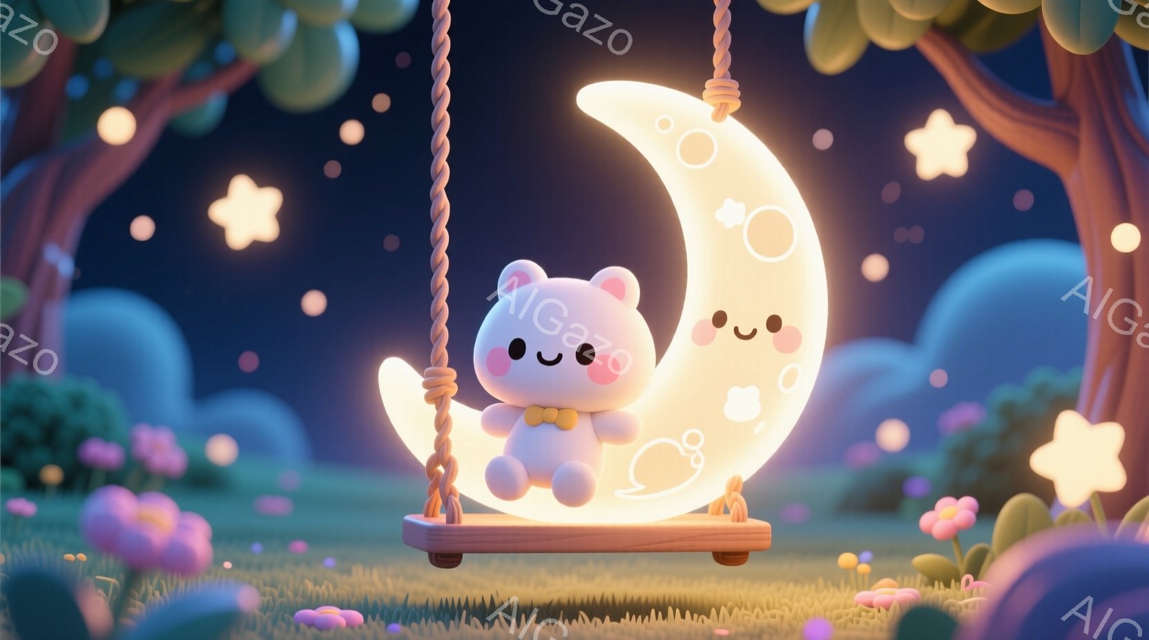 明るい月のブランコに座るふわふわの白いクマが描かれています。クマは可愛らしい笑顔で、小さな黄色いセーターを着ています。背景にはパステルカラーの花々や木々が広がり、星空が輝き、夢のような、穏やかな雰囲気 - AI生成フリー素材