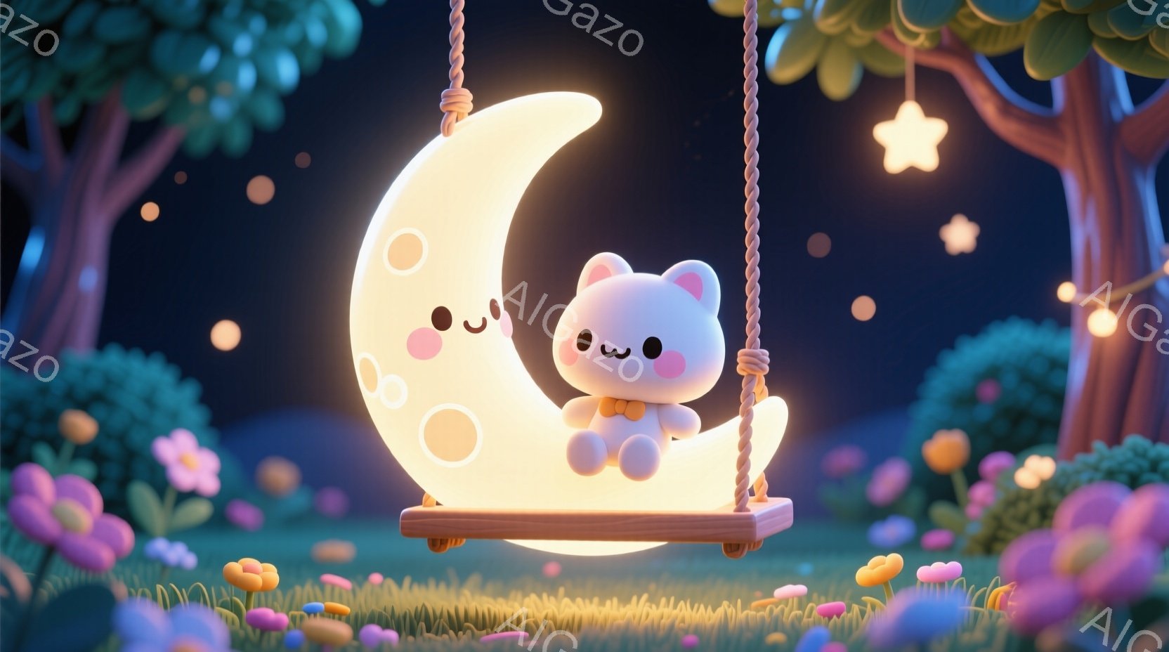 白いふわふわの生き物が、光る三日月型のブランコに座っています。その生き物はピンク色の服を着ており、丸い耳と穏やかな笑顔が特徴です。背景には、紫色の花々や輝く星々が散りばめられた夜の森が広がっており、温 - AI生成フリー素材