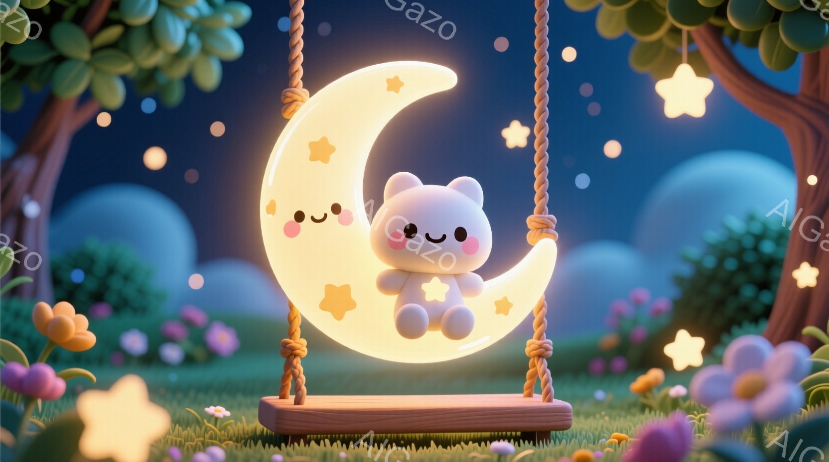 光り輝く満月がブランコに乗っている可愛らしいイラストです。月はピンク色の服を着ており、満面の笑みを浮かべています。背景には、さまざまな色の花々が咲き乱れ、星が散りばめられた夜空が広がっており、夢のよう - AI生成フリー素材