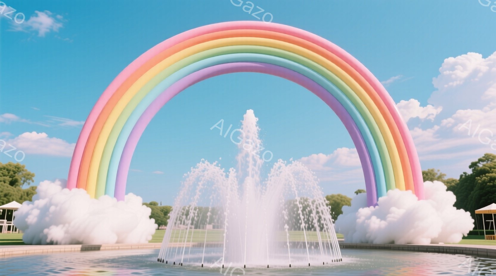 広大な公園の池に、虹色のアーチ型の噴水が壮大にそびえ立っている。噴水は水しぶきを上げ、その周りには白い雲のような装飾が配置され、青空と緑の芝生が広がる背景と調和している。穏やかで幻想的な雰囲気で、見る - AI生成フリー素材