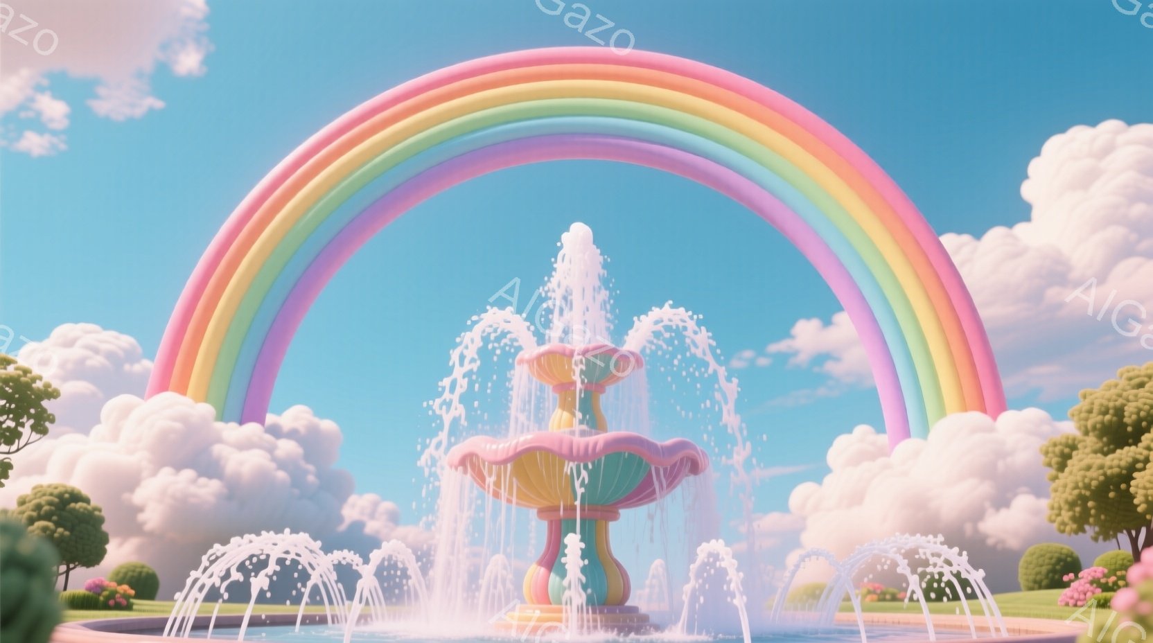 鮮やかな虹が、ピンクとパステルカラーの噴水にかかる幻想的な風景です。噴水は多層構造で、水が優雅に吹き上がり、周囲には緑豊かな木々や花が咲き乱れています。空にはふわふわとした雲が浮かび、全体的に夢のよう - AI生成フリー素材