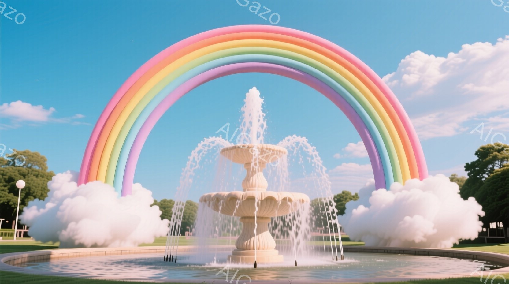晴れた青空の下、美しい噴水が中央に位置し、その周囲には緑豊かな芝生が広がっています。噴水はクリーム色の石造りで、優雅な曲線を描き、水が勢いよく吹き上がって虹を描いています。背景には木々が茂り、穏やかで - AI生成フリー素材