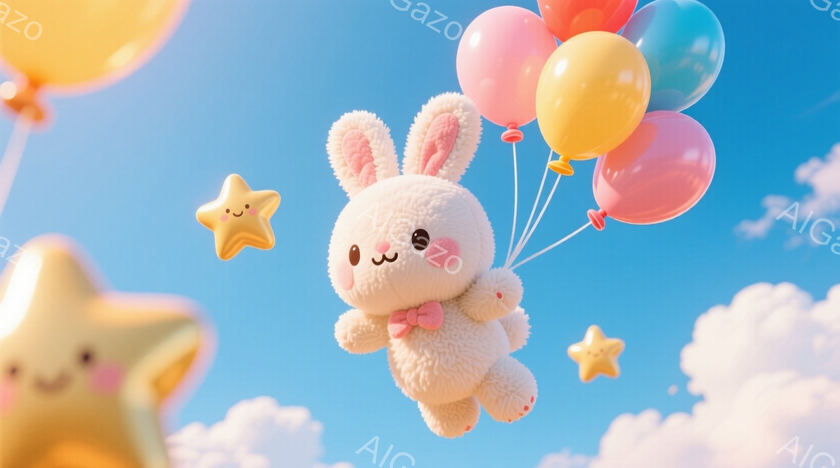 ふわふわとした白いウサギのぬいぐるみは、カラフルな風船に吊り下げられ、空を漂っています。ウサギは小さなピンクのリボンを首に結び、つぶらな瞳と微笑みを浮かべており、可愛らしい印象を与えます。背景には青空 - AI生成フリー素材