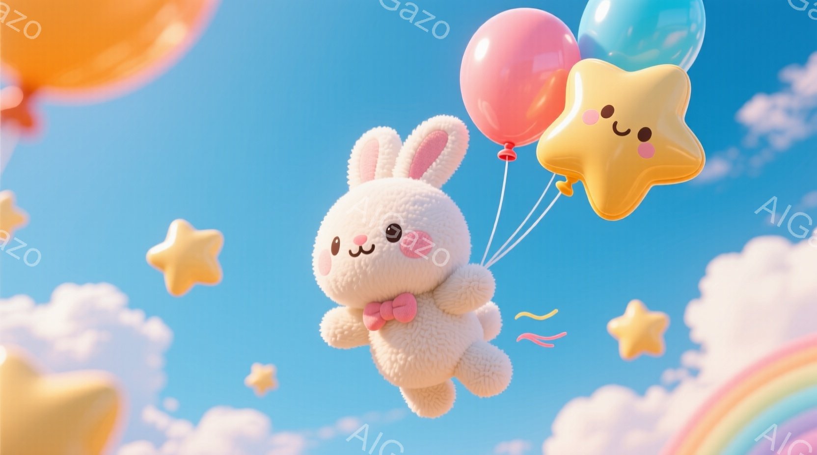 ふわふわの白いウサギが、ピンク、黄色、水色の風船につかまって空を飛んでいます。ウサギは赤いリボンをつけており、つぶらな瞳と微笑みが可愛らしい表情をしています。背景には雲が浮かび、遠くに虹が見え、明るく - AI生成フリー素材