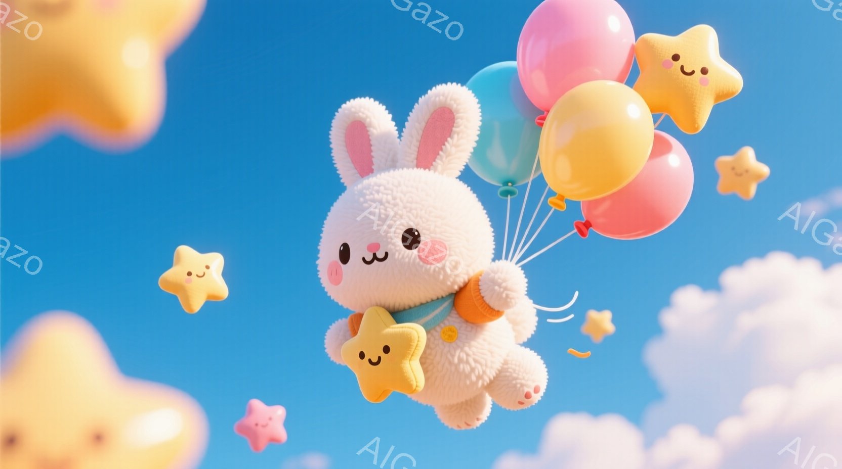 ふわふわの白いウサギが、カラフルな風船と星に囲まれて空を飛んでいます。ウサギは小さな金色の服を着ており、ほほえましい表情をしています。背景には青空と白い雲が広がり、全体的に夢のような、優しい雰囲気が漂 - AI生成フリー素材