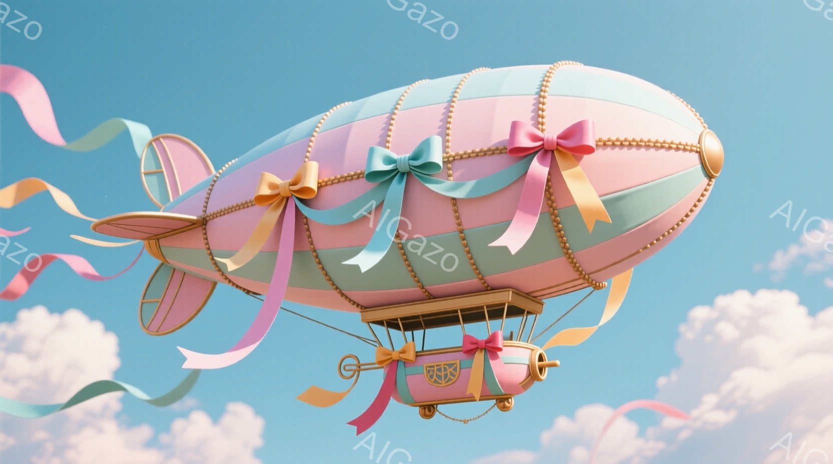 空には、パステルピンクと水色のストライプが施された、リボンとフリルで飾られた、可愛らしい気球が浮かんでいます。気球の下部には金色の装飾が施されており、小さなプロペラが取り付けられています。背景は明るい青空とふわふわとした白い雲で、夢のような、遊び心に満ちた雰囲気を醸し出しています。