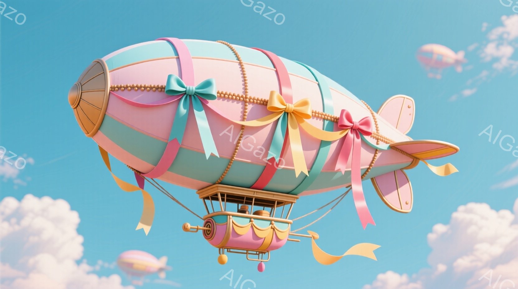 空には、ピンクと水色のストライプが施された、可愛らしい気球が浮かんでいます。気球には大きなリボンとフリルが飾られ、下のゴンドラには金色のアクセントが施されています。ふわふわとした雲と柔らかなパステルカ - AI生成フリー素材