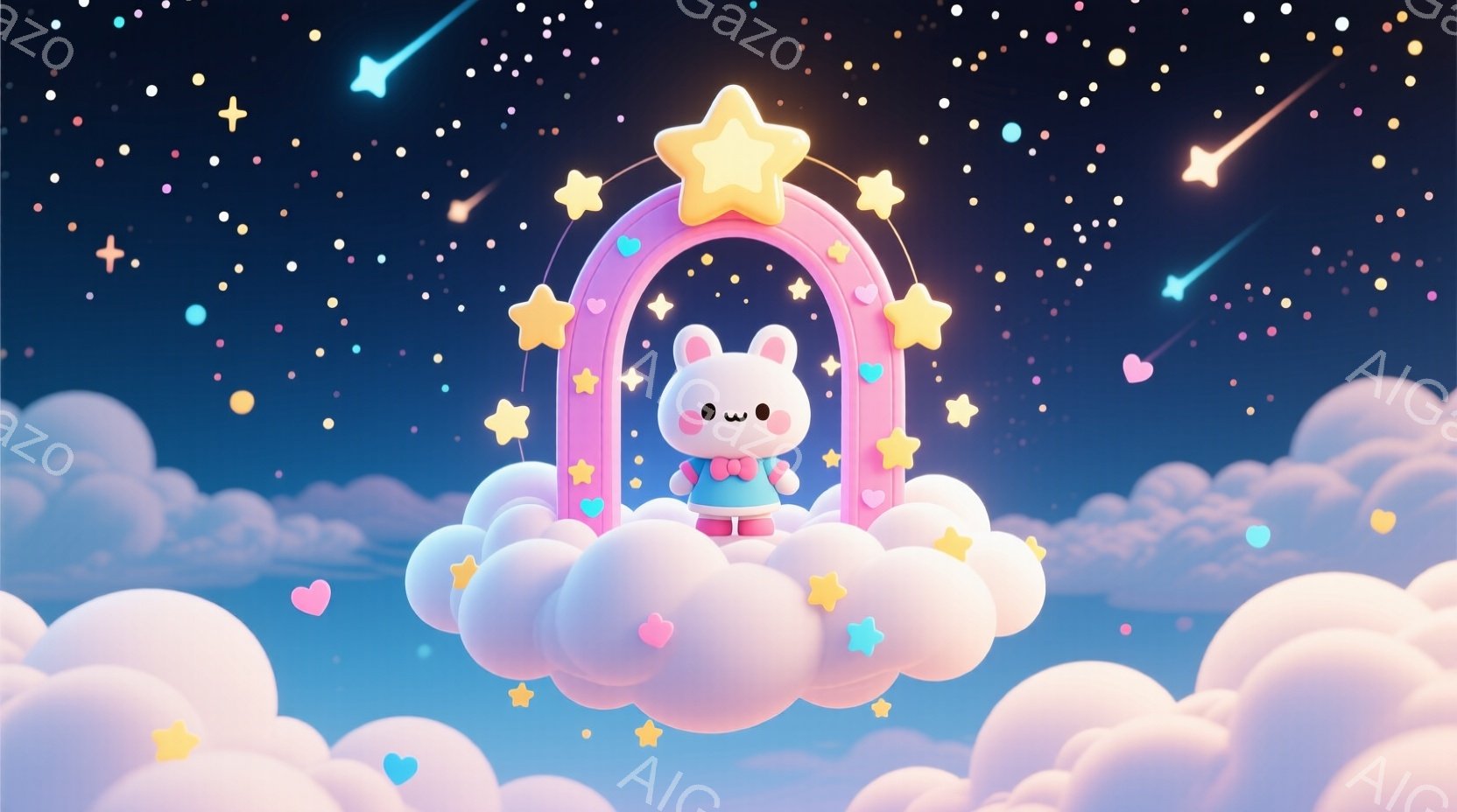 ふわふわの雲の上に、小さなウサギが立っています。ピンク色のオーバーオールと大きなリボンが可愛らしく、顔は穏やかで優しい表情をしています。背景は夜空で、星や流れ星が散りばめられ、夢のような幻想的な雰囲気を醸し出しています。