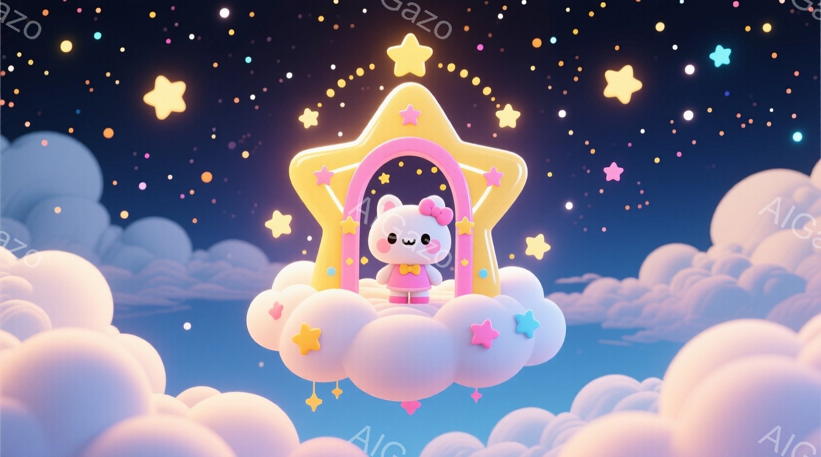 ふわふわの雲の上に、リボンと小さな黄色い靴を身に着けた白い子猫が立っています。猫はピンク色の小さなドレスを着ており、丸い顔には可愛らしい表情が浮かんでいます。背景には、さまざまな色の星が散りばめられた - AI生成フリー素材