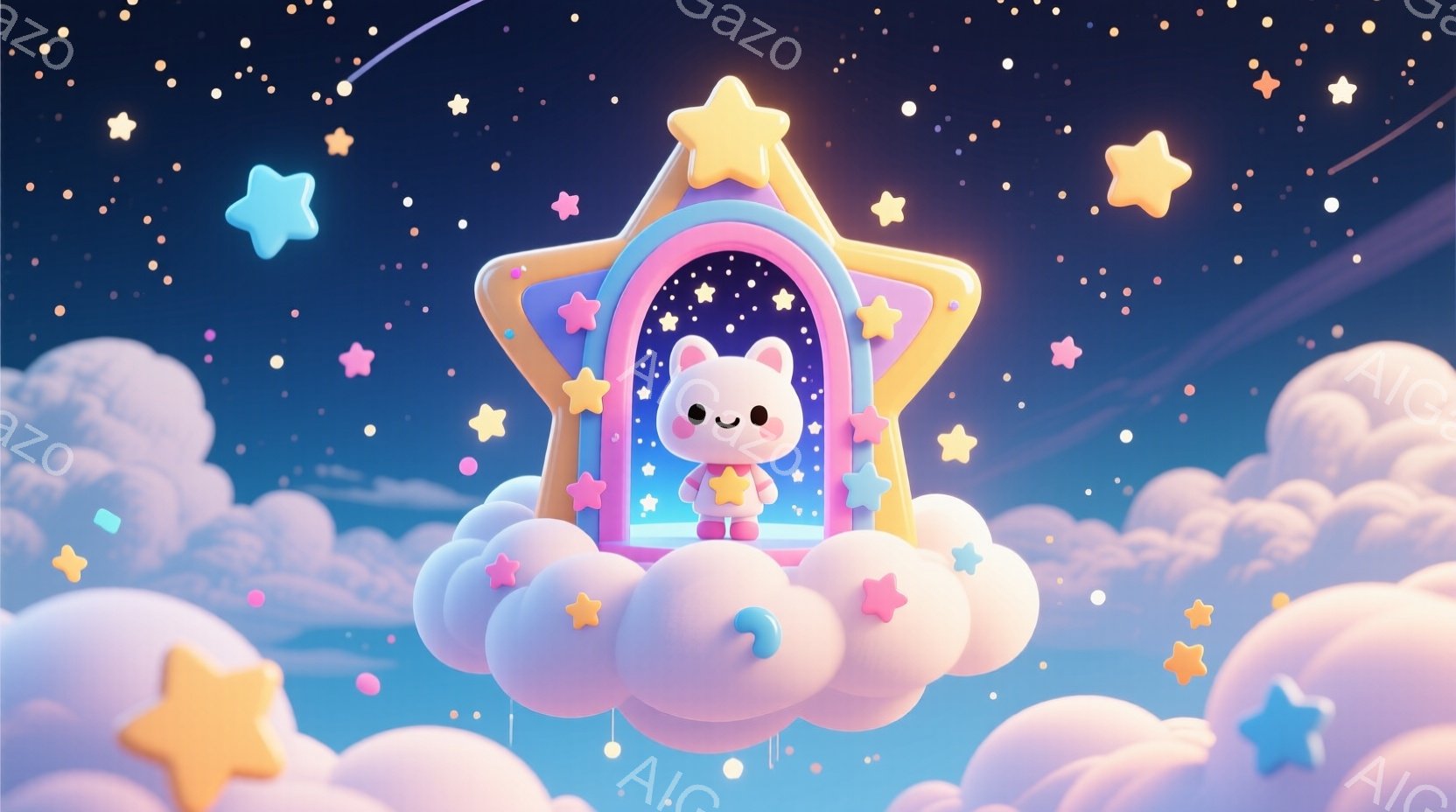 白いふわふわの雲の上に、星形のフレームの中に小さなウサギが立っています。ウサギはピンク色の服を着ており、満面の笑みを浮かべています。背景には、さまざまな色の星が散りばめられた夜空が広がり、夢のような幻 - AI生成フリー素材