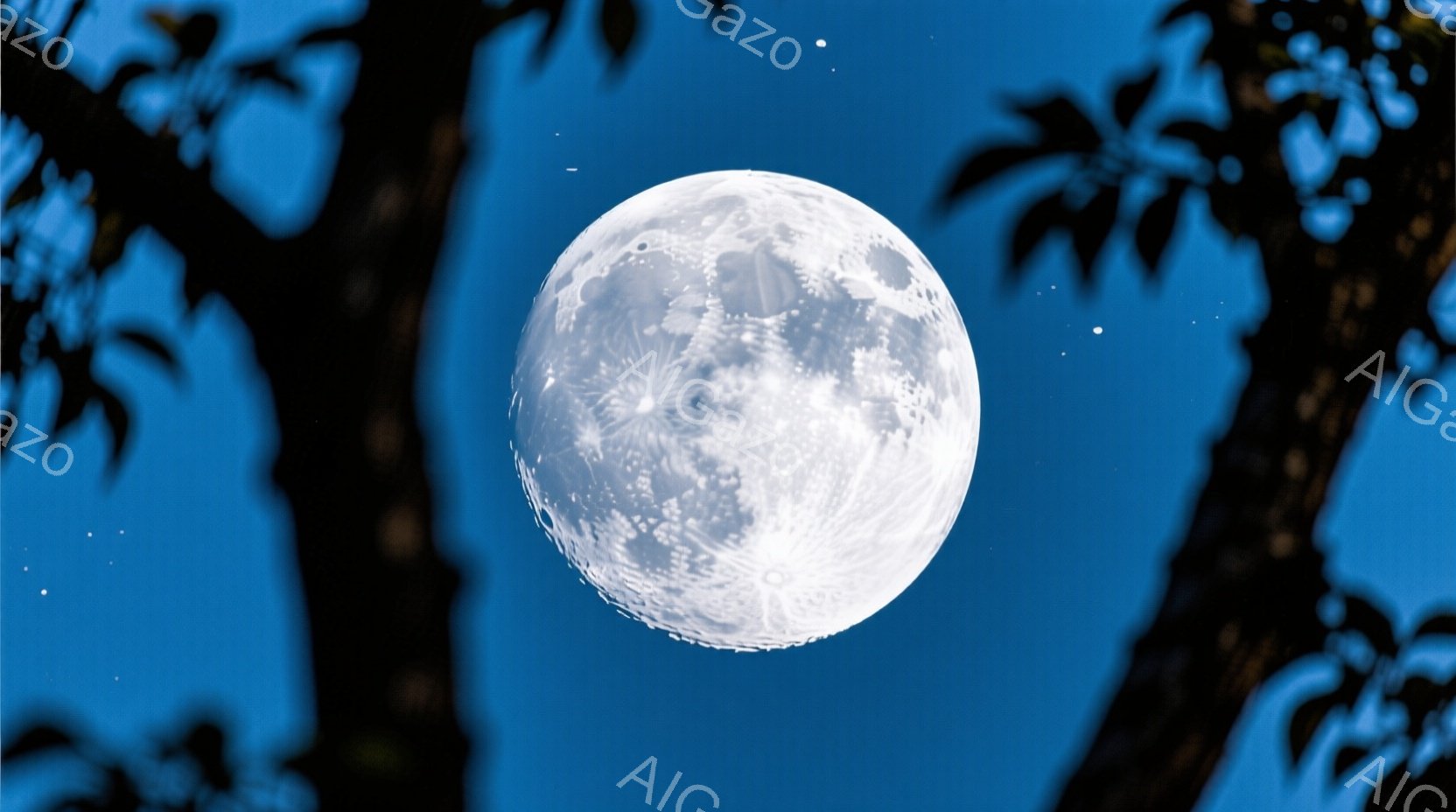 夜空に満月が大きく浮かび、その表面にはクレーターや月の模様が詳細に描かれている。周囲には、シルエットになったヤシの木の葉が配置され、夜の熱帯の雰囲気を醸し出している。深い青色の空と月の明るい光が対照的で、静かで幻想的なムードを演出している。